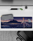 32x12 inches anime girl mouse pad in pastel blues and warm golds, dreamy starry night, cozy romantic vibe.