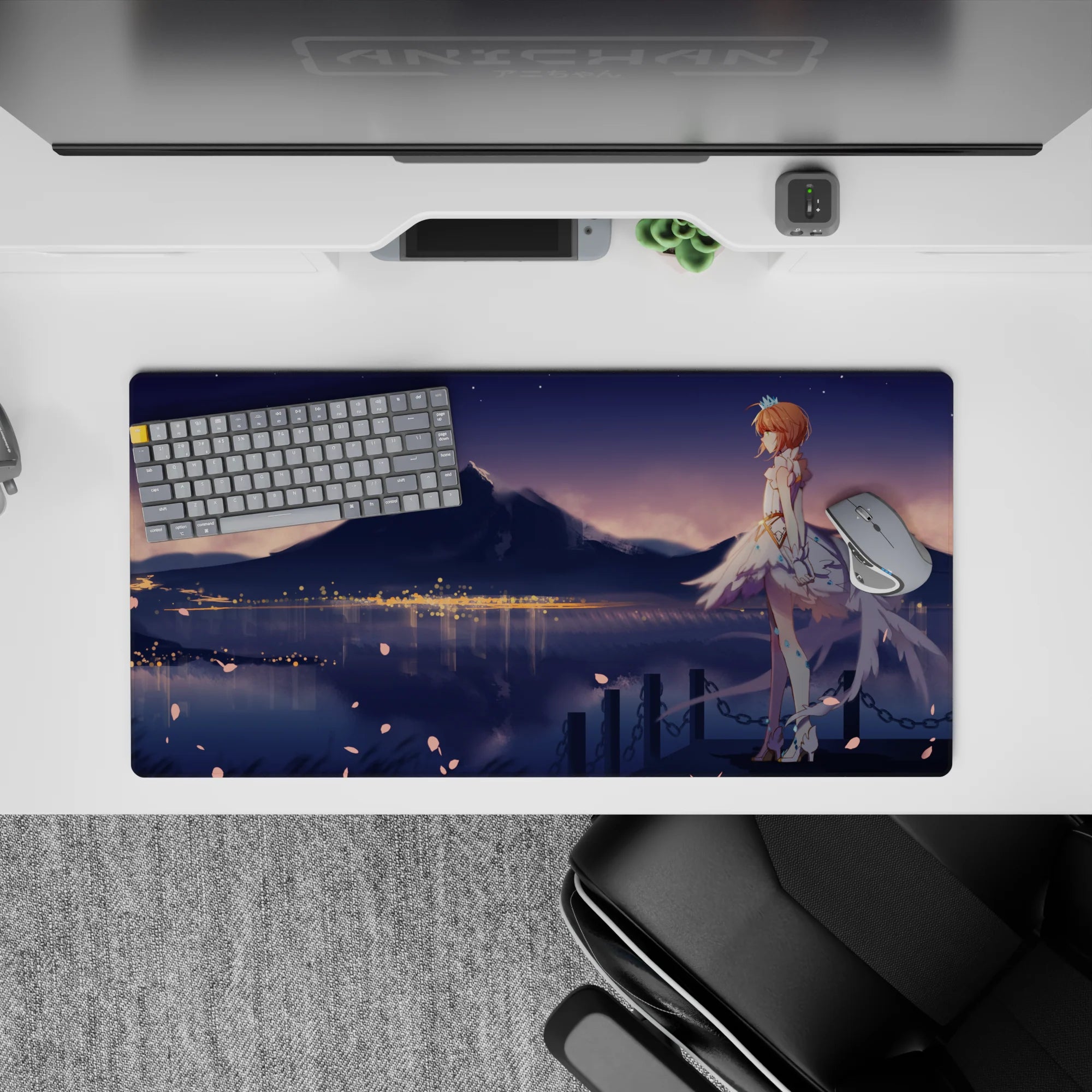 32x16 inches pastel blue and warm gold anime desk mat, starry sky vibe, cozy romantic mood.