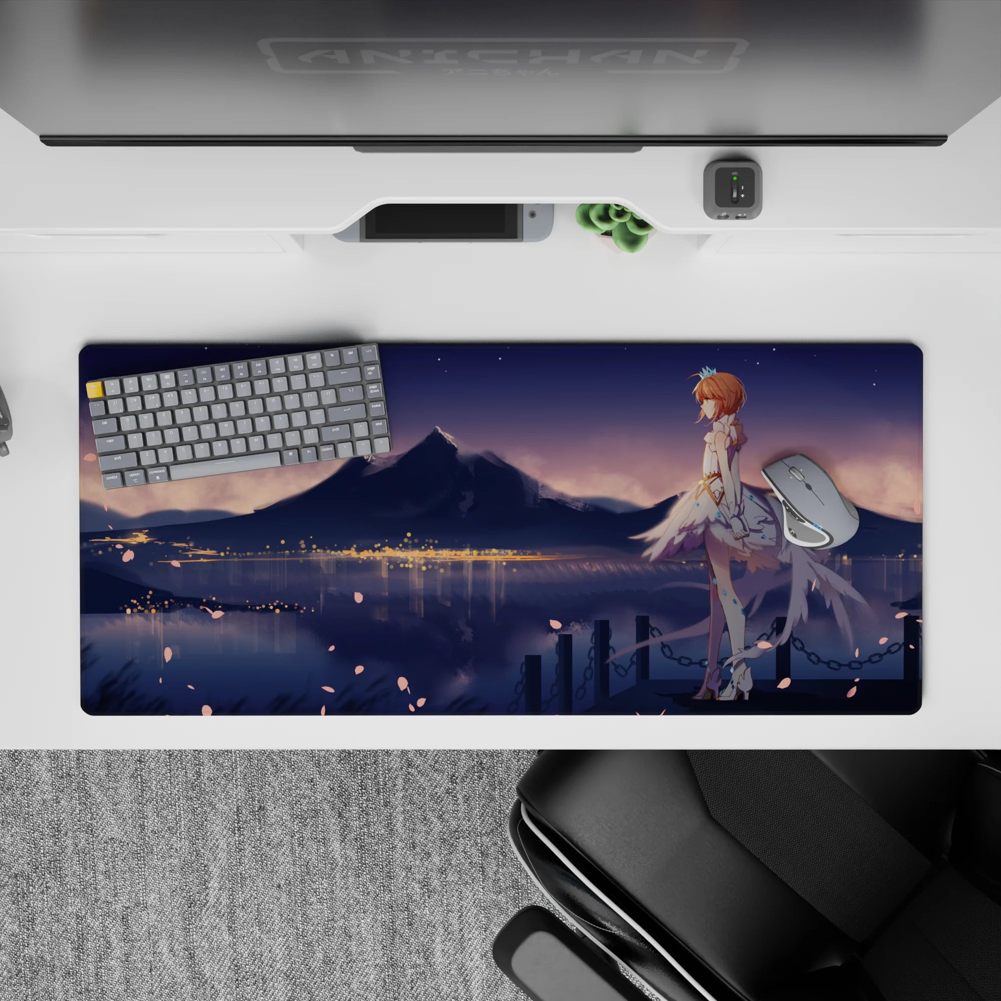 Pastel blue and warm gold anime desk pad 36x16 inches, cozy romantic night sky with petals drifting.