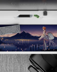 Pastel blue and warm gold anime desk pad 36x16 inches, cozy romantic night sky with petals drifting.