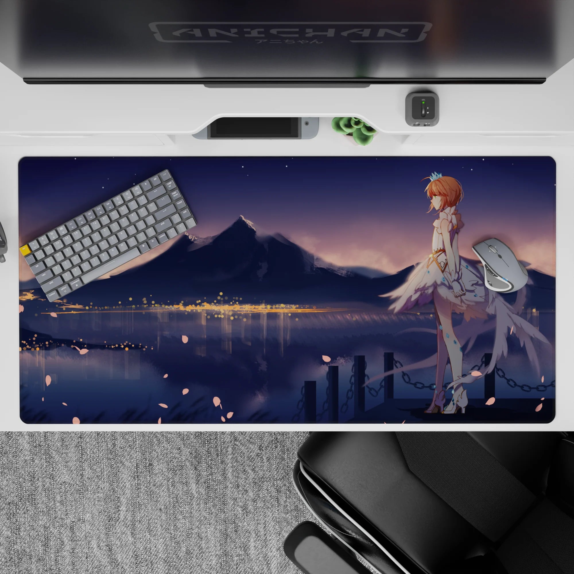 Pastel blue and warm gold anime desk pad 40x20 inches, cozy romantic night lake under stars.