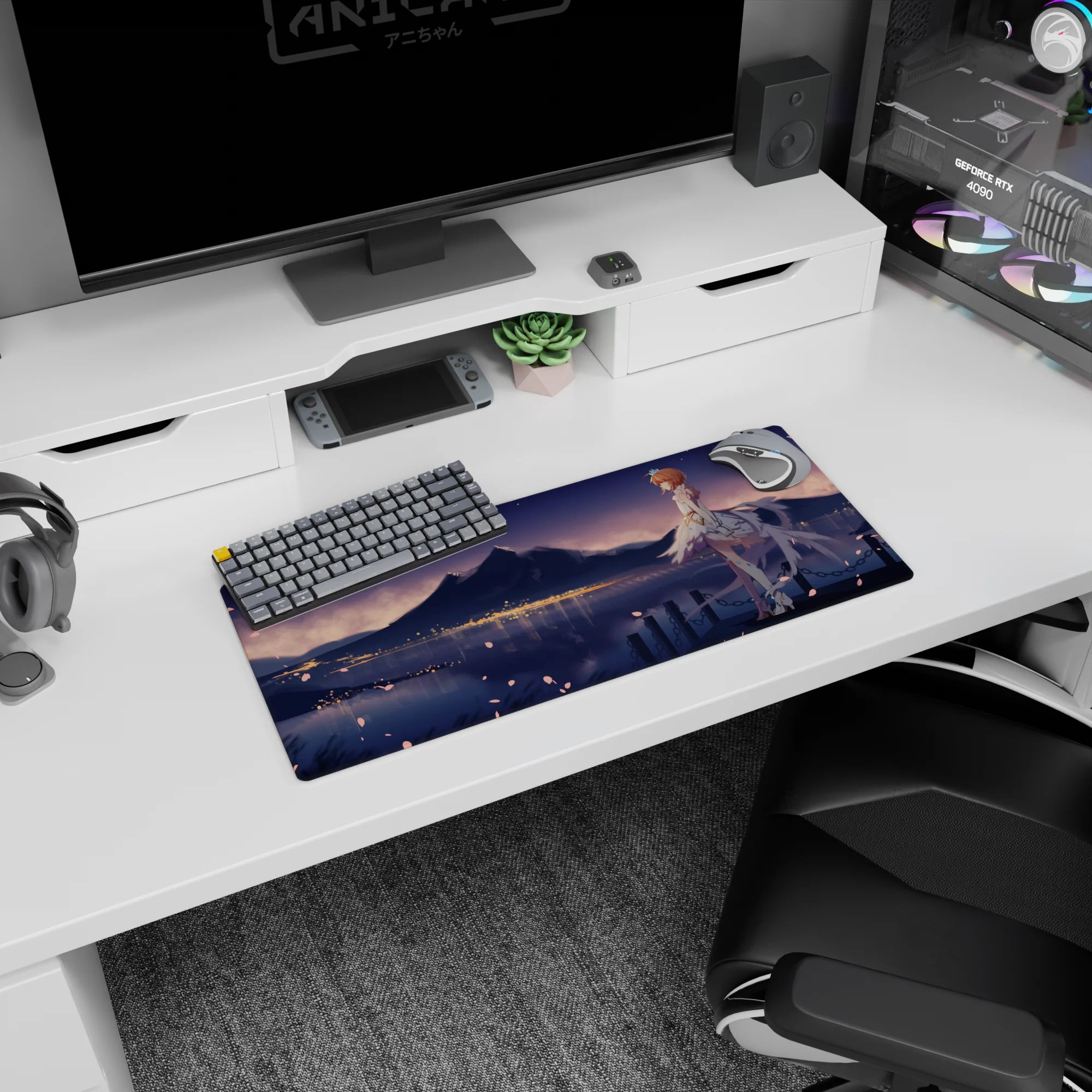28x12 inches mouse pad featuring a calm redhead anime girl side pose, flowing ribbons, crown, mountain sky.