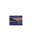 Classic anime girl mouse pad 14x10 inches with redhead in feathered dress, lake, city lights, stars.