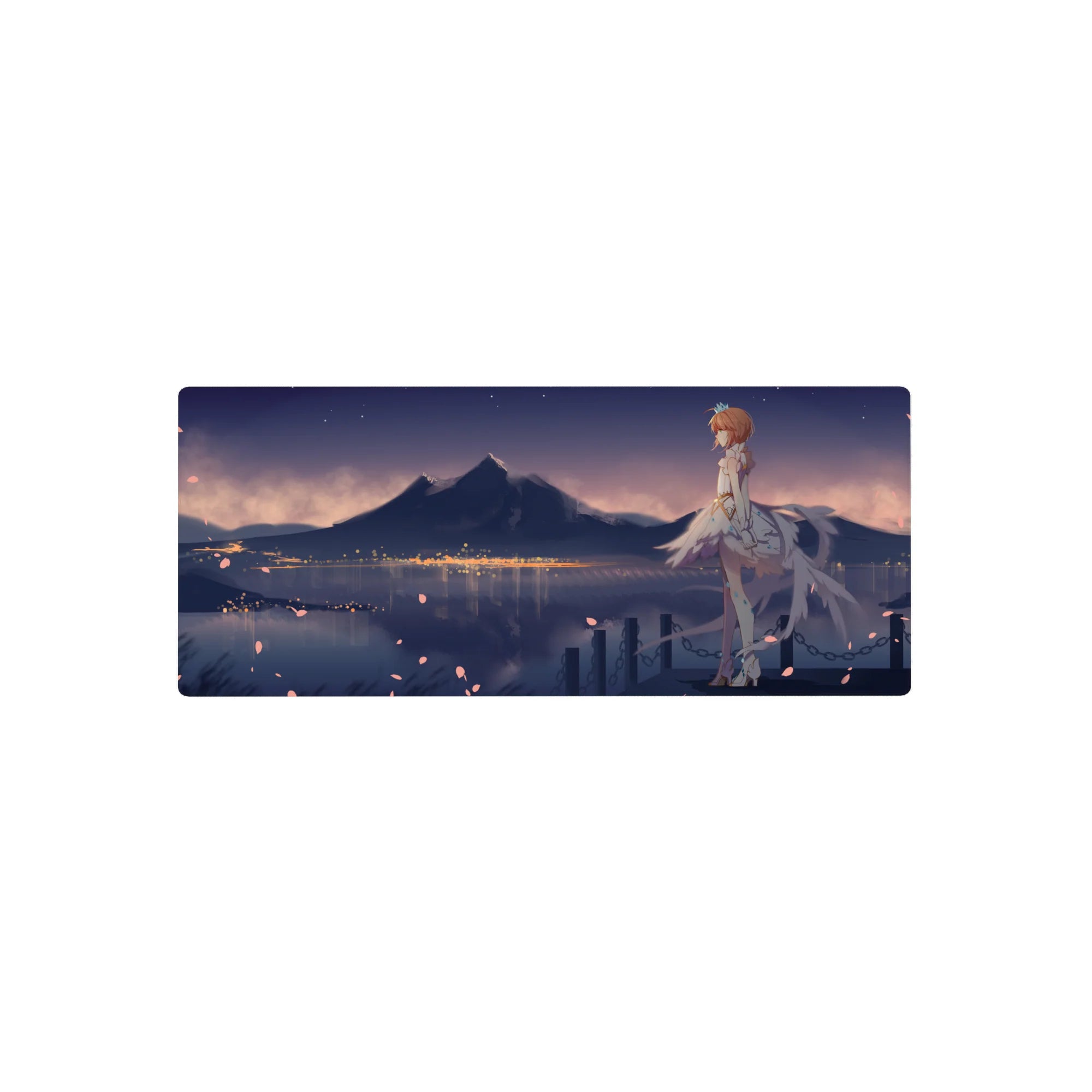28x12 inches anime girl mouse pad with redhead in feathered dress, crown, petals, lake and skyline.