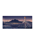 28x12 inches anime girl mouse pad with redhead in feathered dress, crown, petals, lake and skyline.