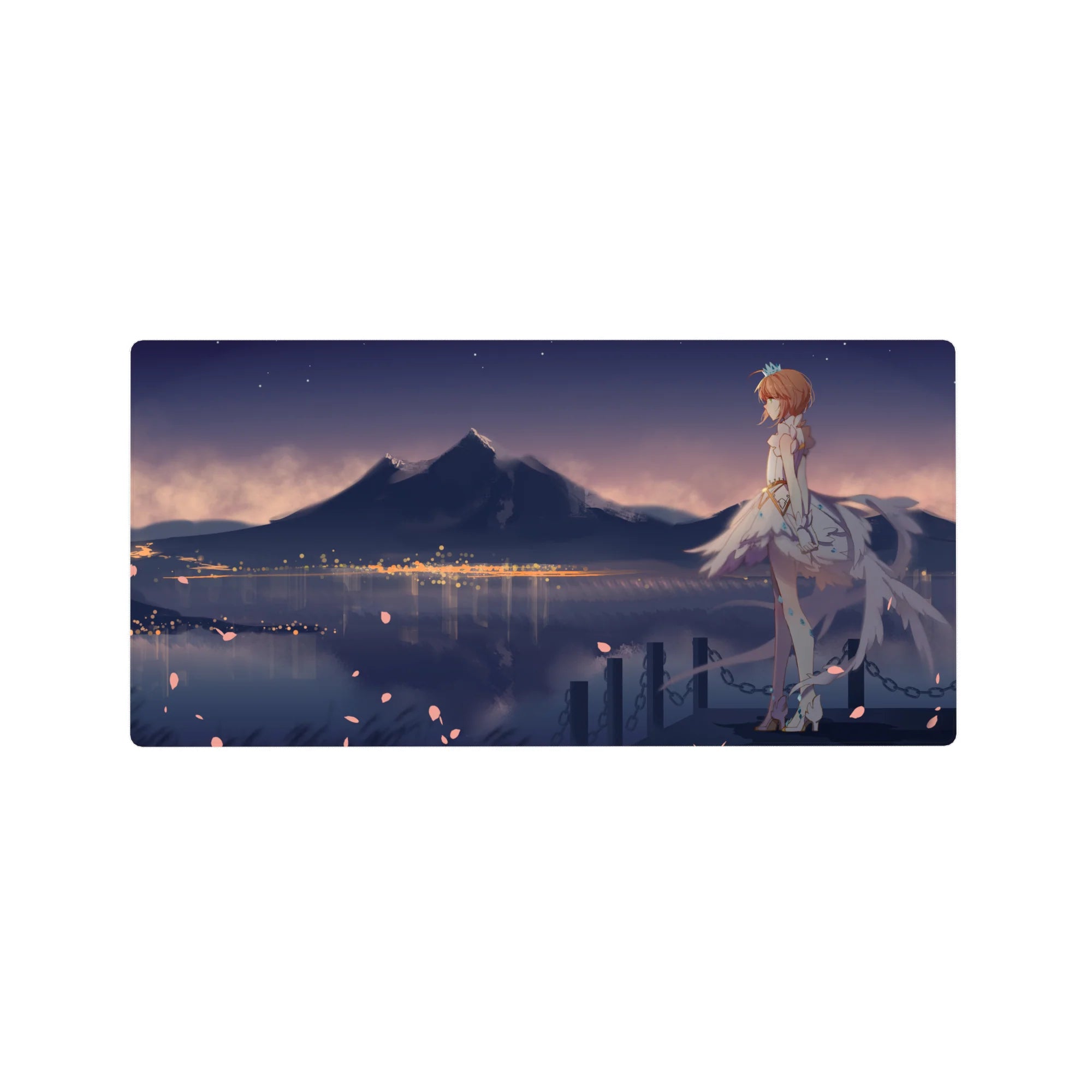 32x16 inches anime girl mouse pad with redhead in white dress, tiny crown, lake and city lights.