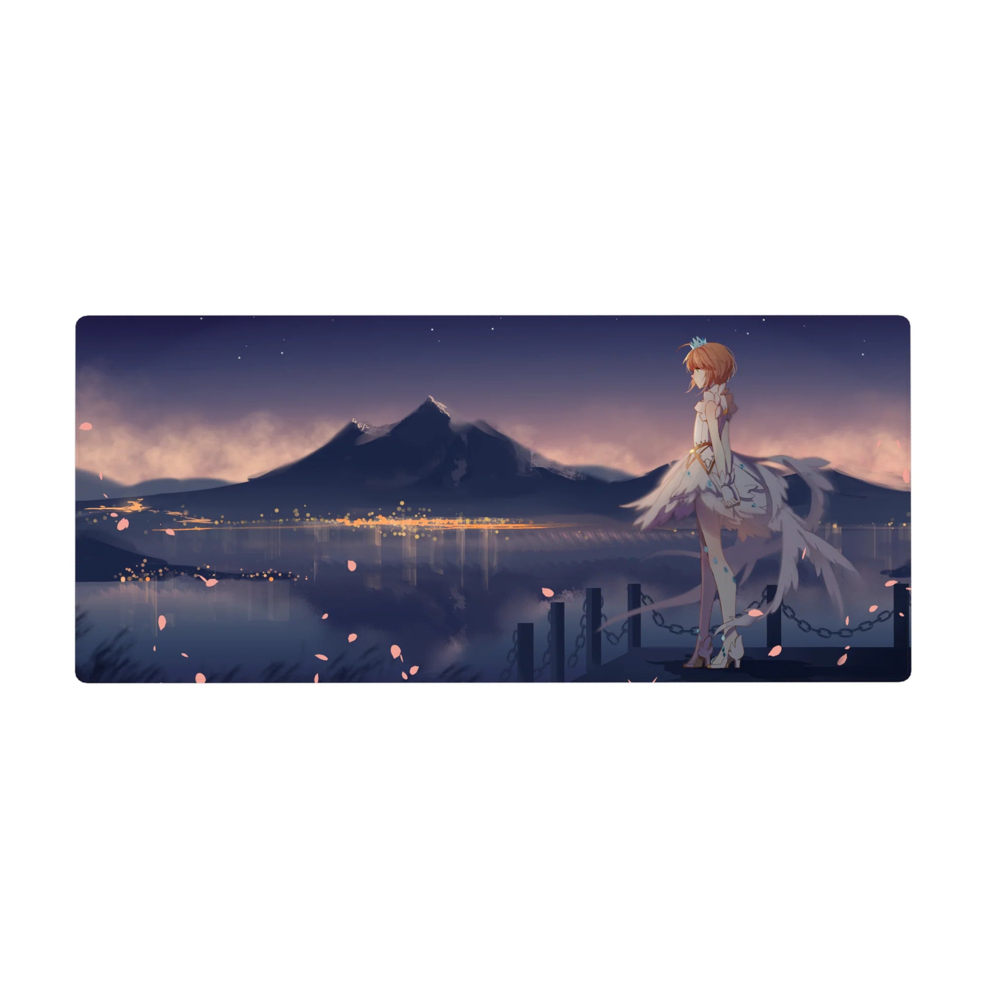 Anime girl desk pad 36x16 inches with redhead in white dress, crown, ribbons, lake and city lights.