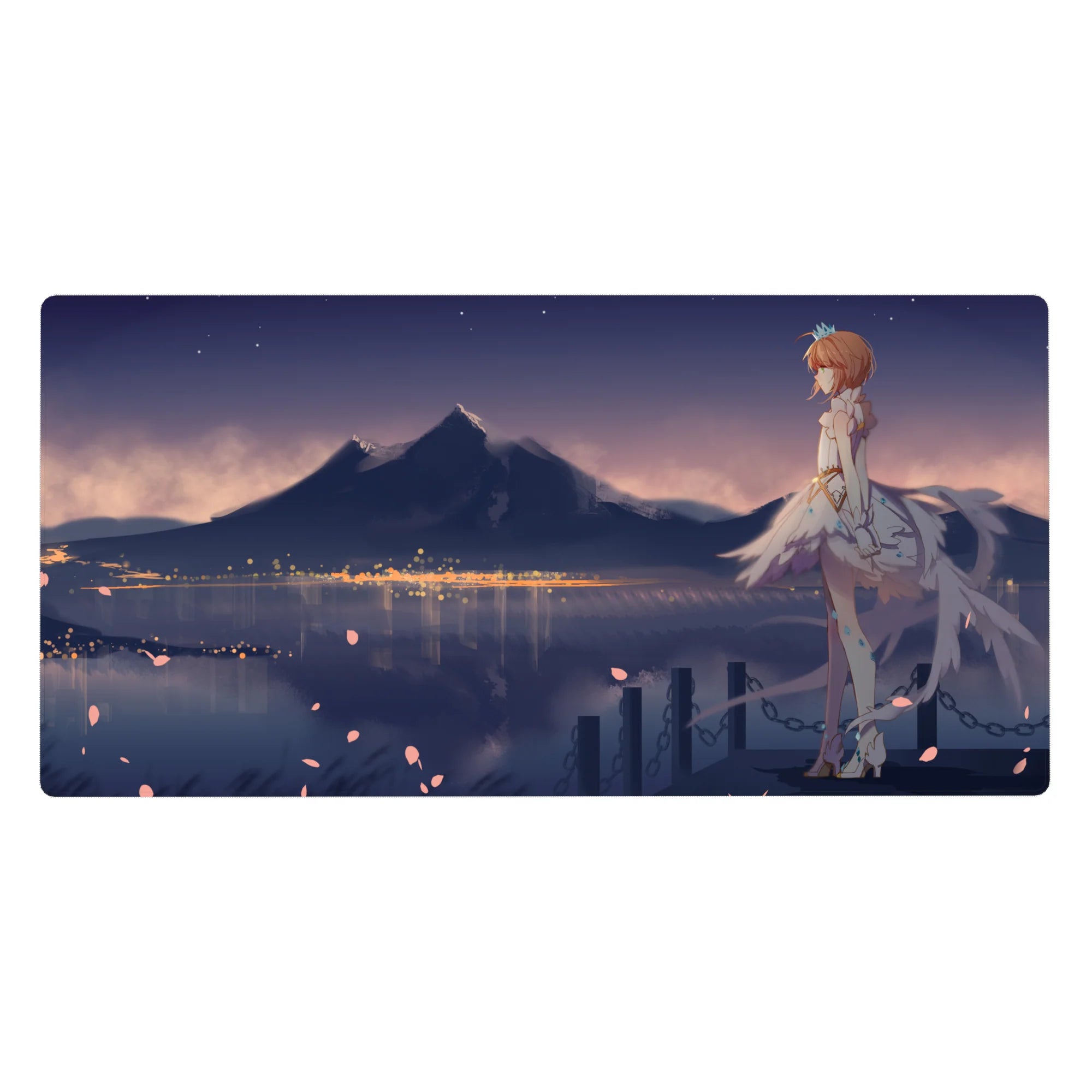Anime girl desk pad 40x20 inches with redhead in feathered dress, lake, city lights, mountain sky.