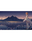 Anime girl desk pad 40x20 inches with redhead in feathered dress, lake, city lights, mountain sky.
