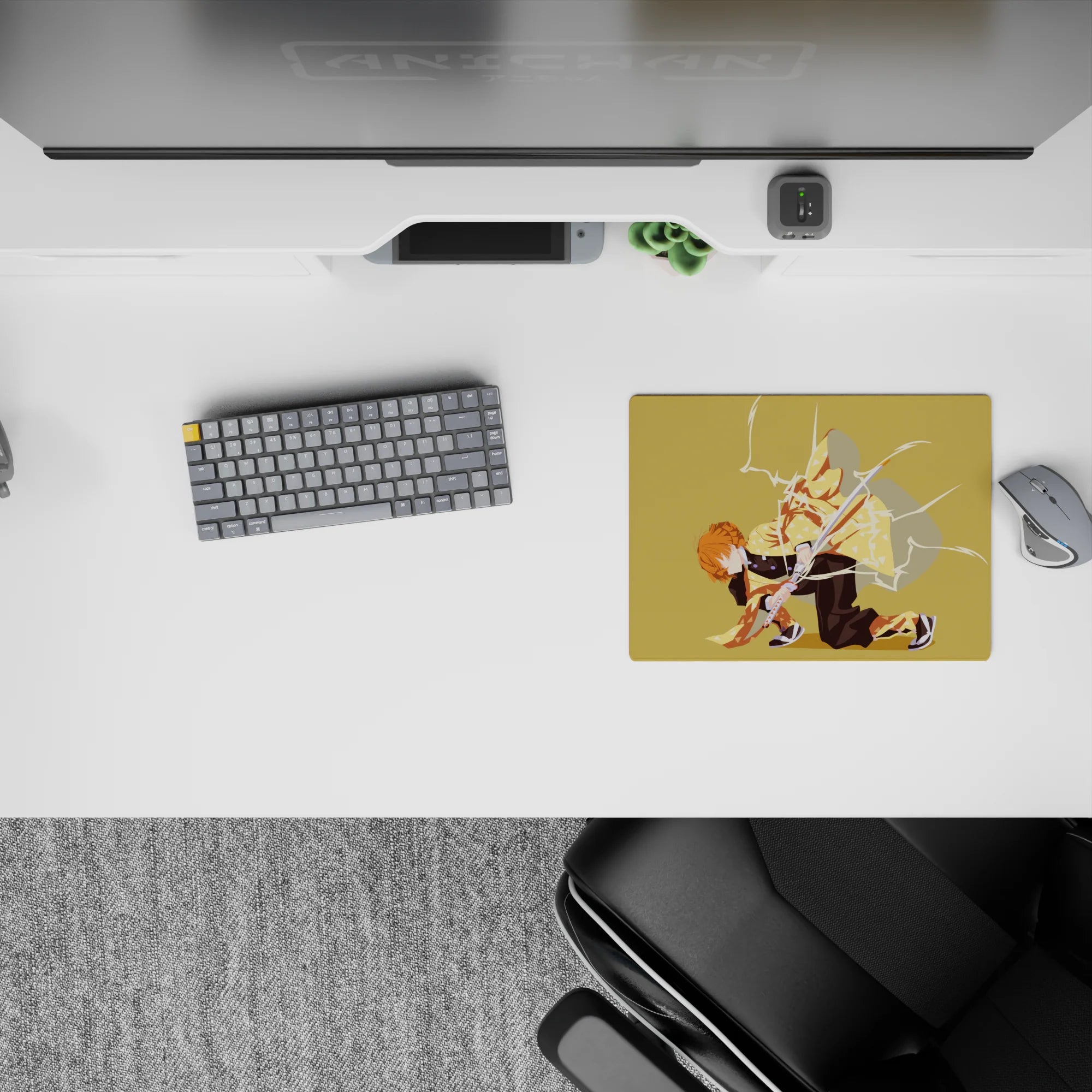 Anime mouse pad 14x10 inches featuring Zenitsu from Demon Slayer, crouched with lightning, yellow haori on golden background.