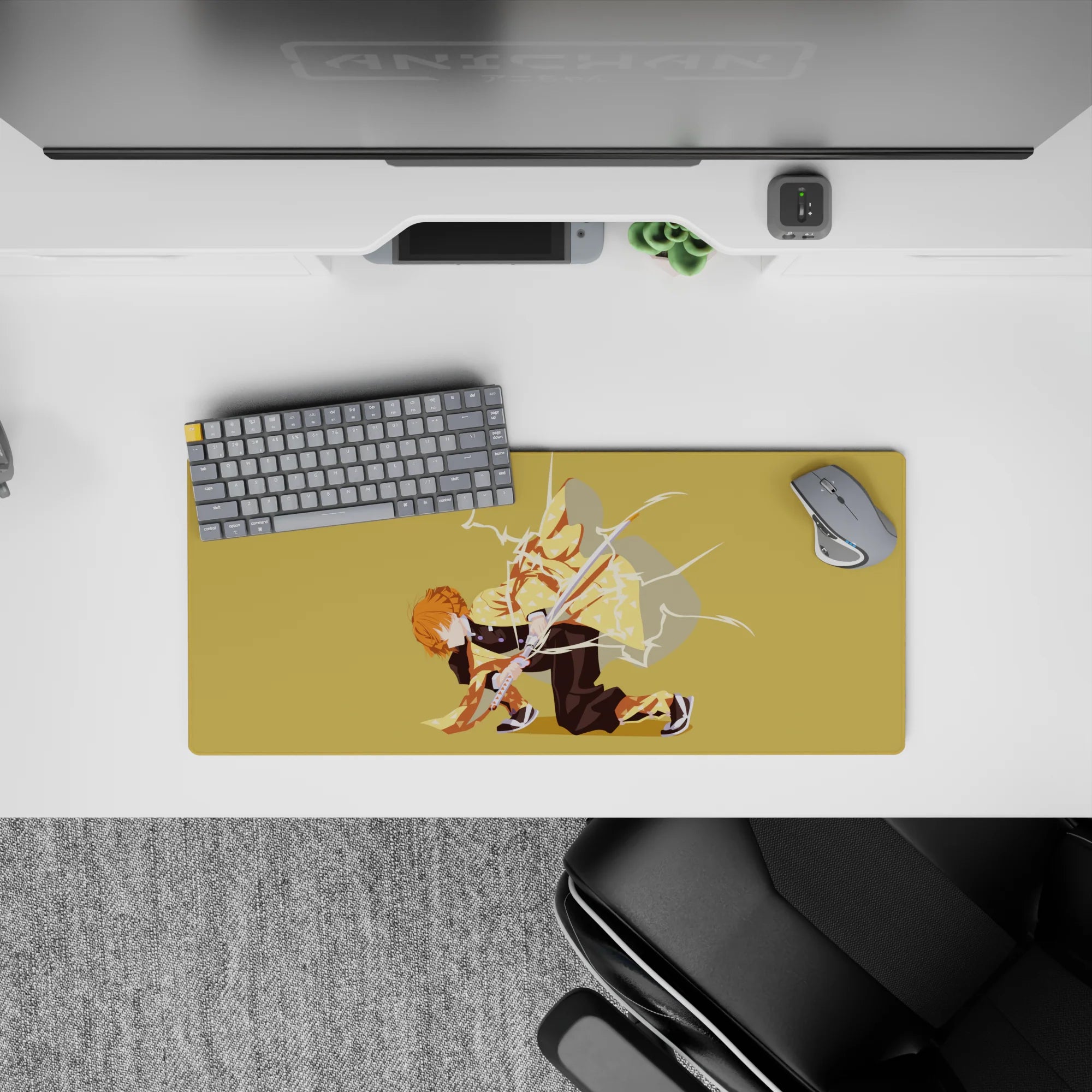 Zenitsu lightning strike on golden 28x12 inch Demon Slayer anime mouse pad, featuring yellow haori and bold silhouette.
