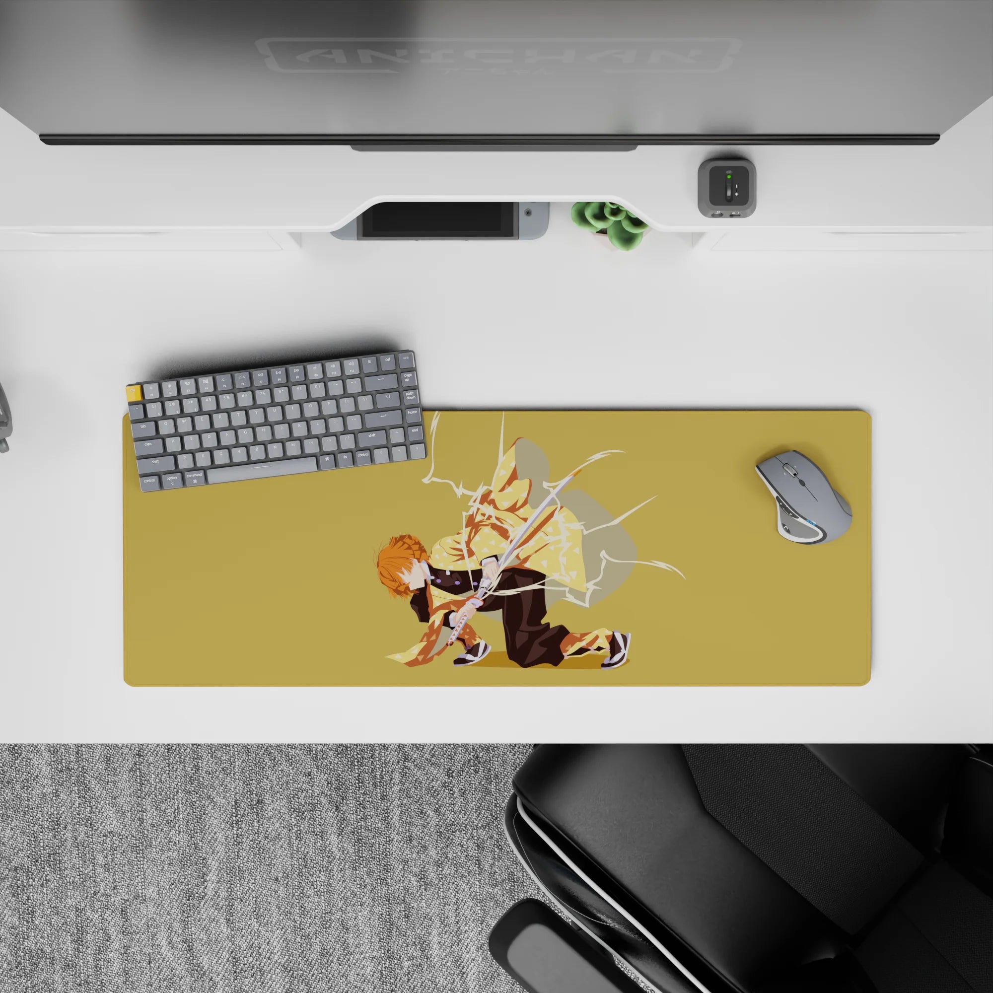 Zenitsu from Demon Slayer striking with lightning on a 32x12 inch anime mouse pad; yellow haori on a golden background.