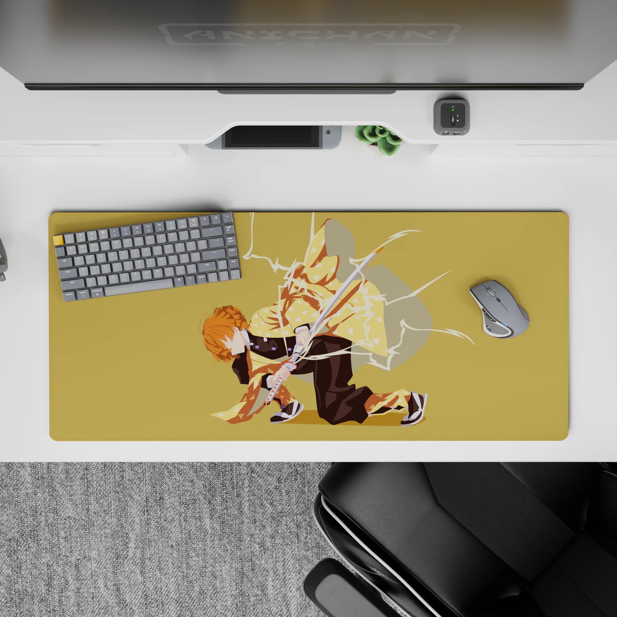 Demon Slayer desk pad 36x16 inches featuring Zenitsu mid-strike with lightning, yellow haori on a golden background.