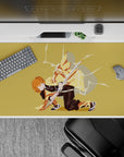Zenitsu Demon Slayer anime desk pad, 40x20 inches, featuring Zenitsu mid-strike on a golden background with lightning.