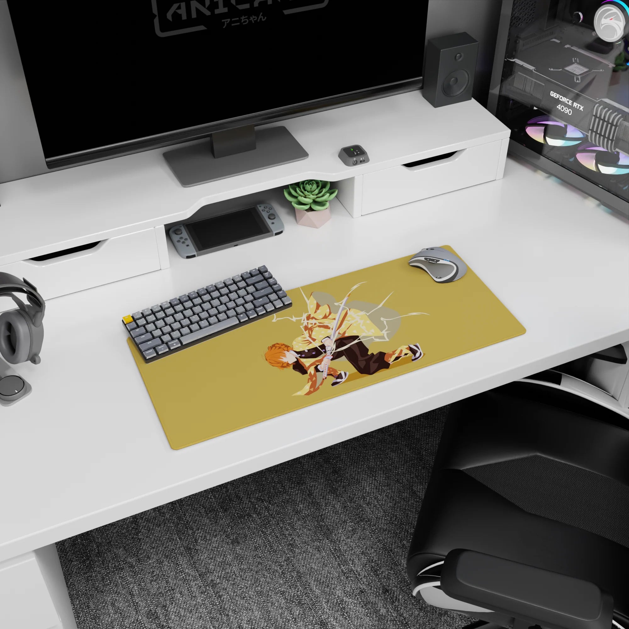 Anime mouse pad 28x12 inches featuring Zenitsu from Demon Slayer, crouched mid-strike with lightning on a golden background.