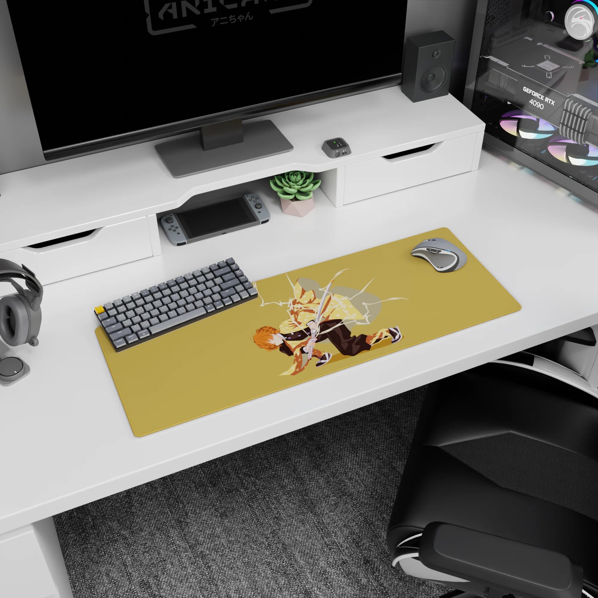 Zenitsu from Demon Slayer on 32x12 inch anime mouse pad, mid-strike with lightning on golden background, capturing tension.