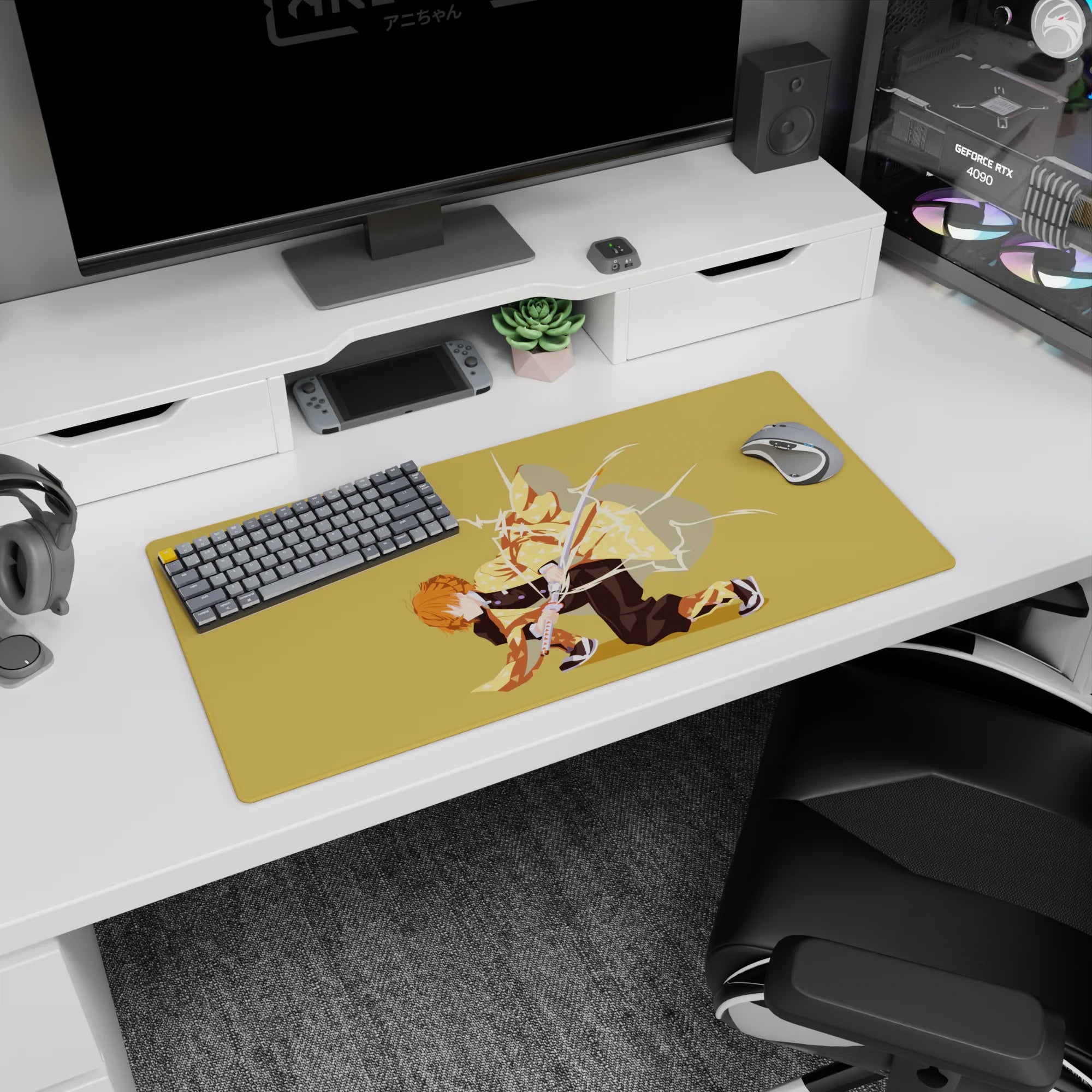 Anime mouse pad 32x16 inches featuring Zenitsu from Demon Slayer, crouched with lightning on a golden background.