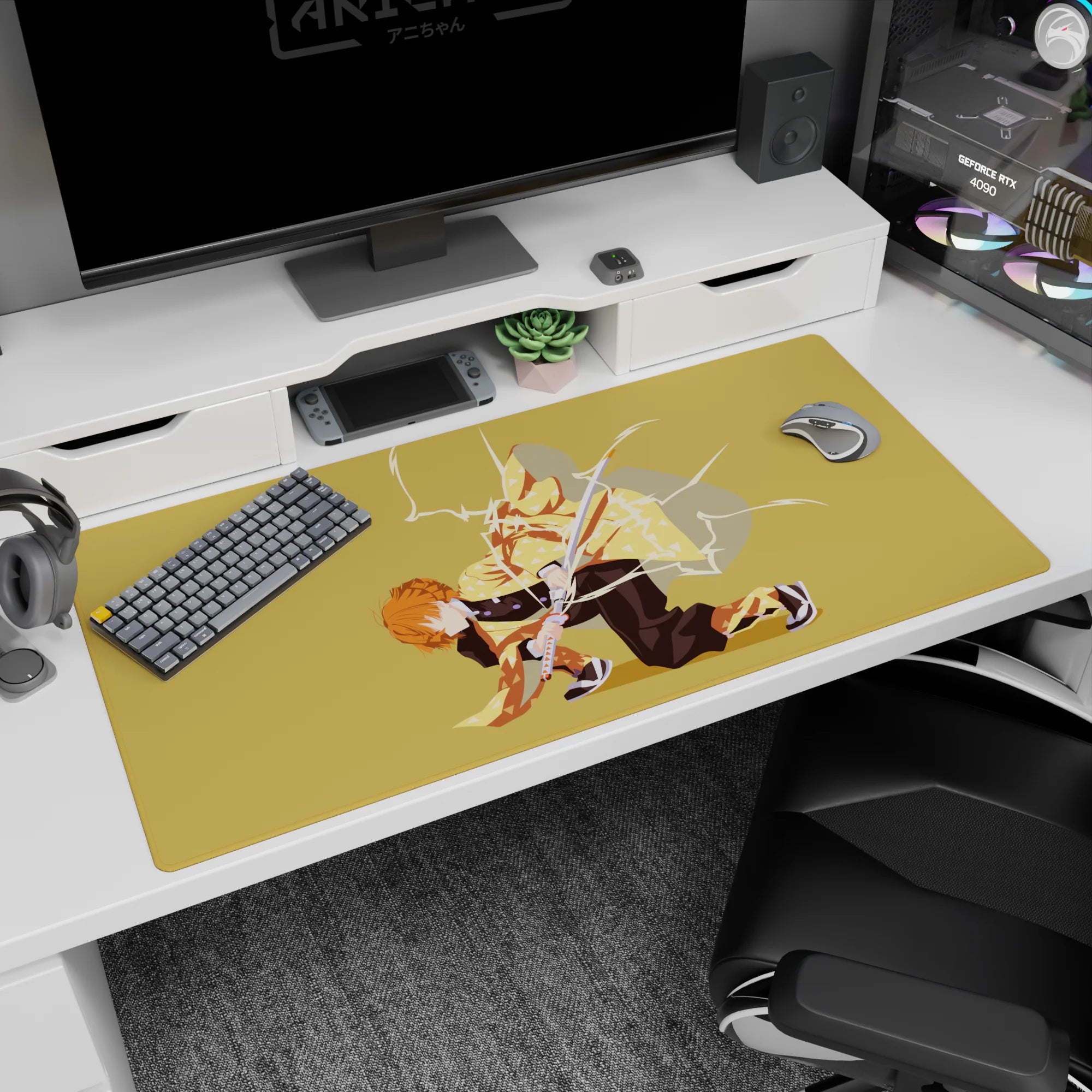 Zenitsu mid-strike on a 40x20 inch Demon Slayer anime desk pad with lightning, yellow haori, and golden background.