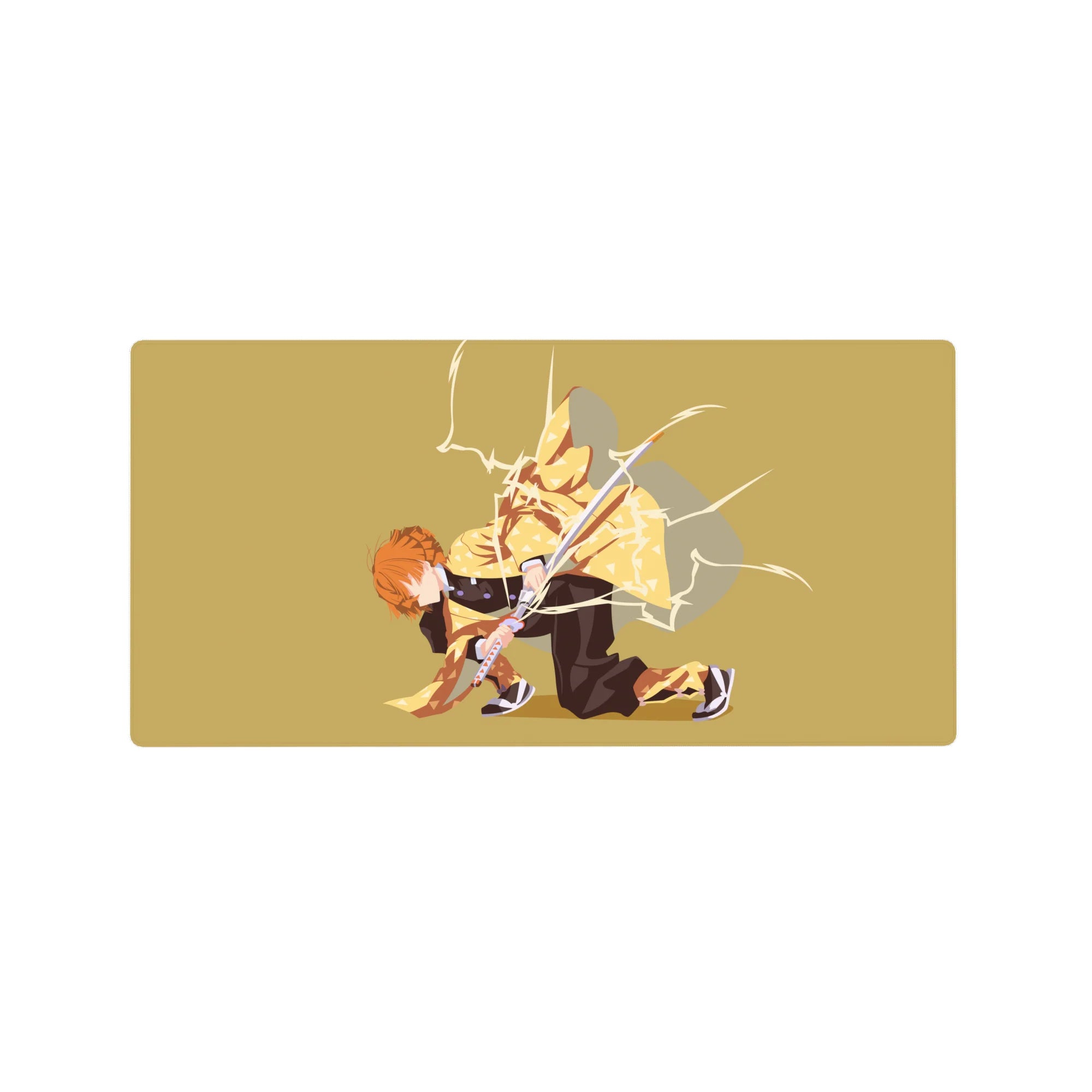 Zenitsu from Demon Slayer anime crouched mid-strike on a 32x16 inch mouse pad, lightning on a golden background.