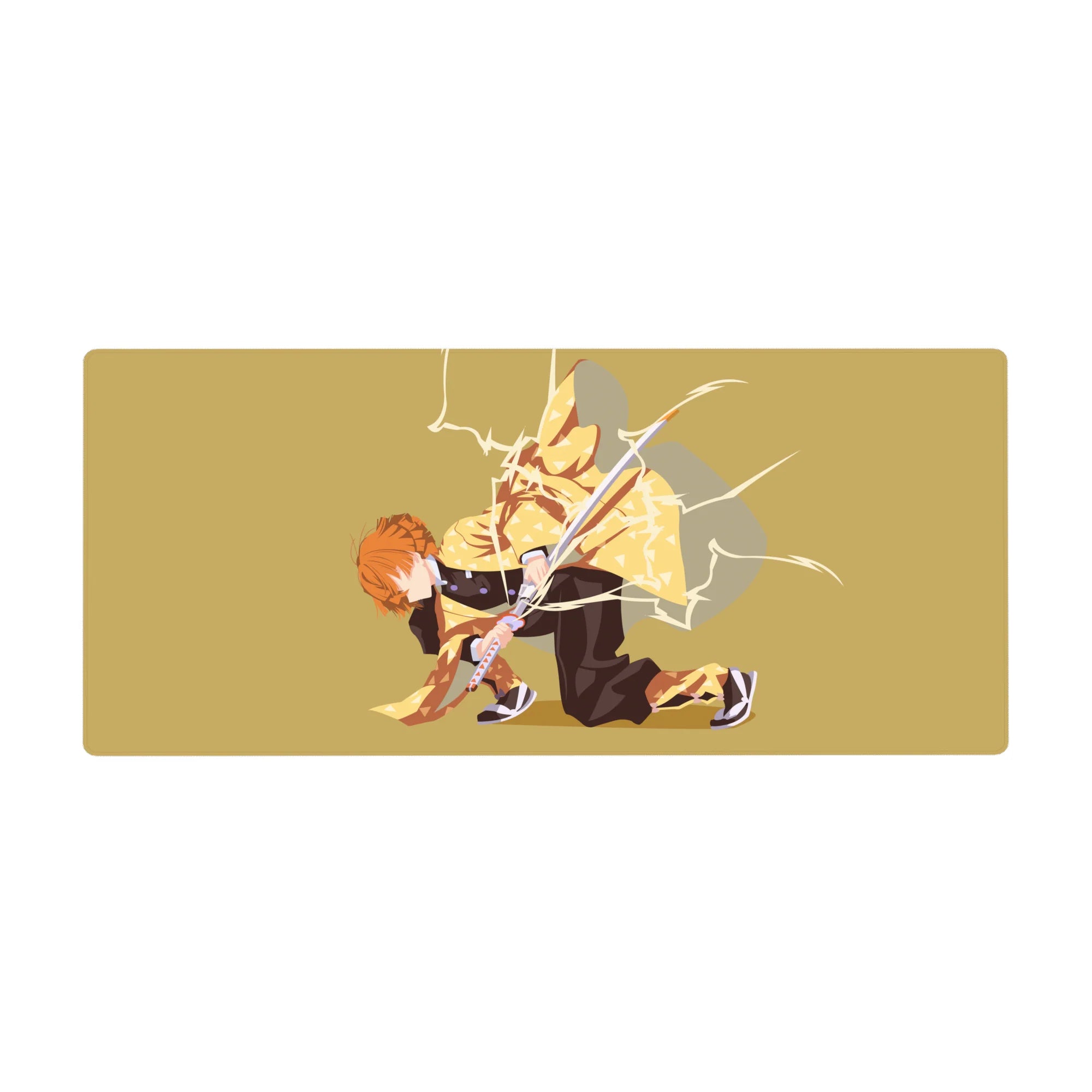 Anime desk pad 36x16 inches featuring Zenitsu from Demon Slayer, mid-strike with lightning on a golden background.