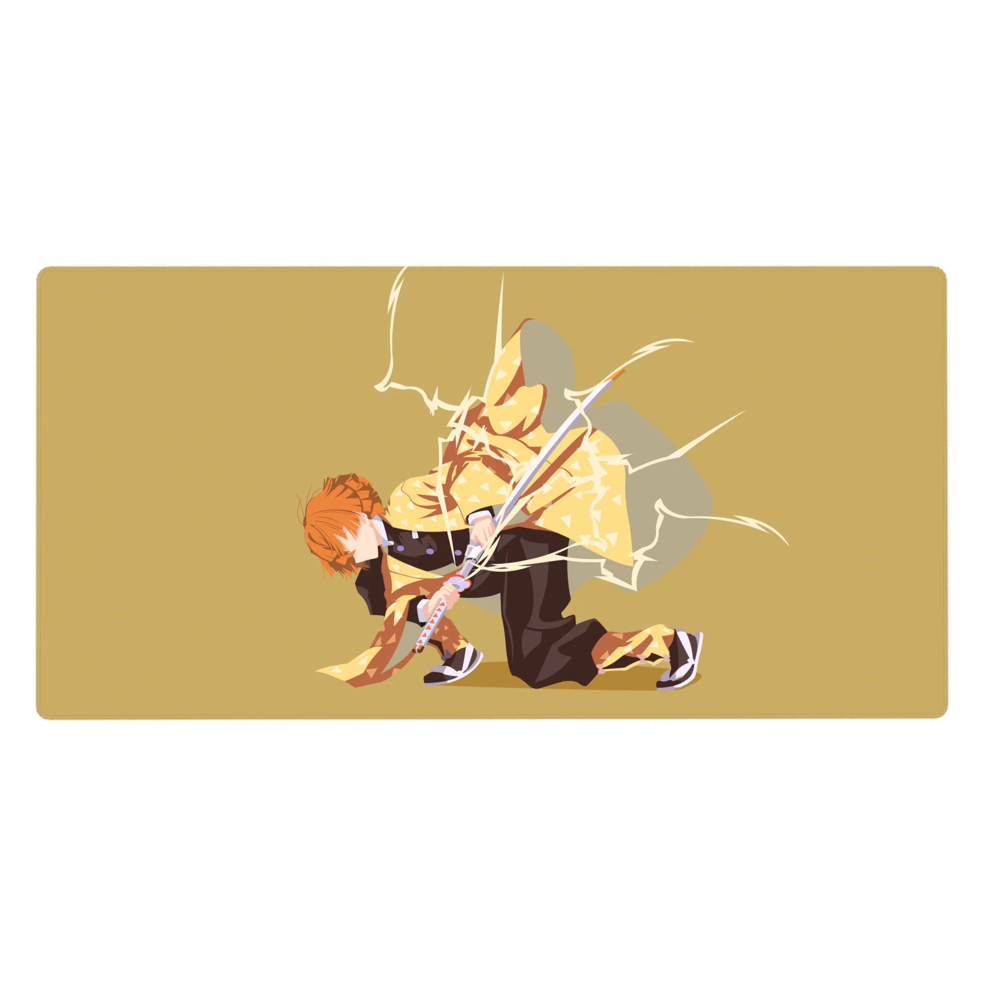 Anime desk pad 40x20 inches featuring Zenitsu from Demon Slayer, mid-strike with lightning on a golden background.