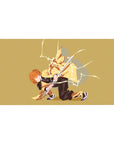 Anime desk pad 40x20 inches featuring Zenitsu from Demon Slayer, mid-strike with lightning on a golden background.