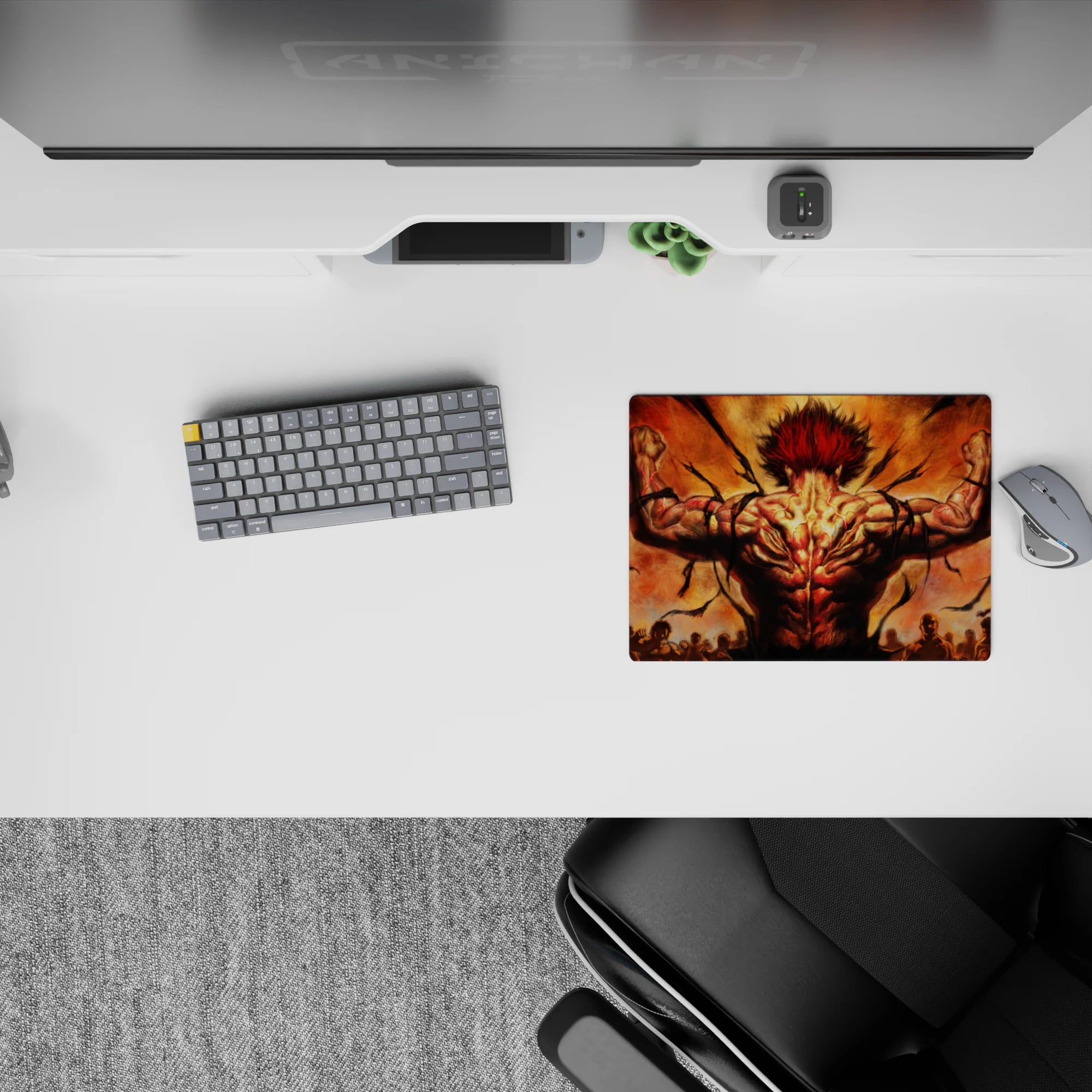 Fiery orange smoke sky anime mouse pad 14x10 inches with cracked black energy and intense battle mood.