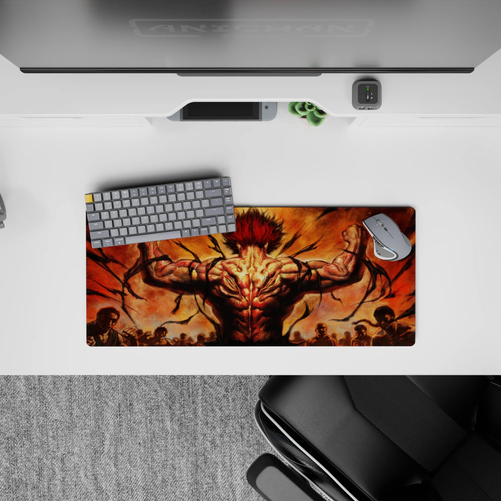28x12 inches anime mouse pad in smoky orange skies, black裂 cracks, red-hot muscles, intense heat mood.