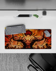 28x12 inches anime mouse pad in smoky orange skies, black裂 cracks, red-hot muscles, intense heat mood.
