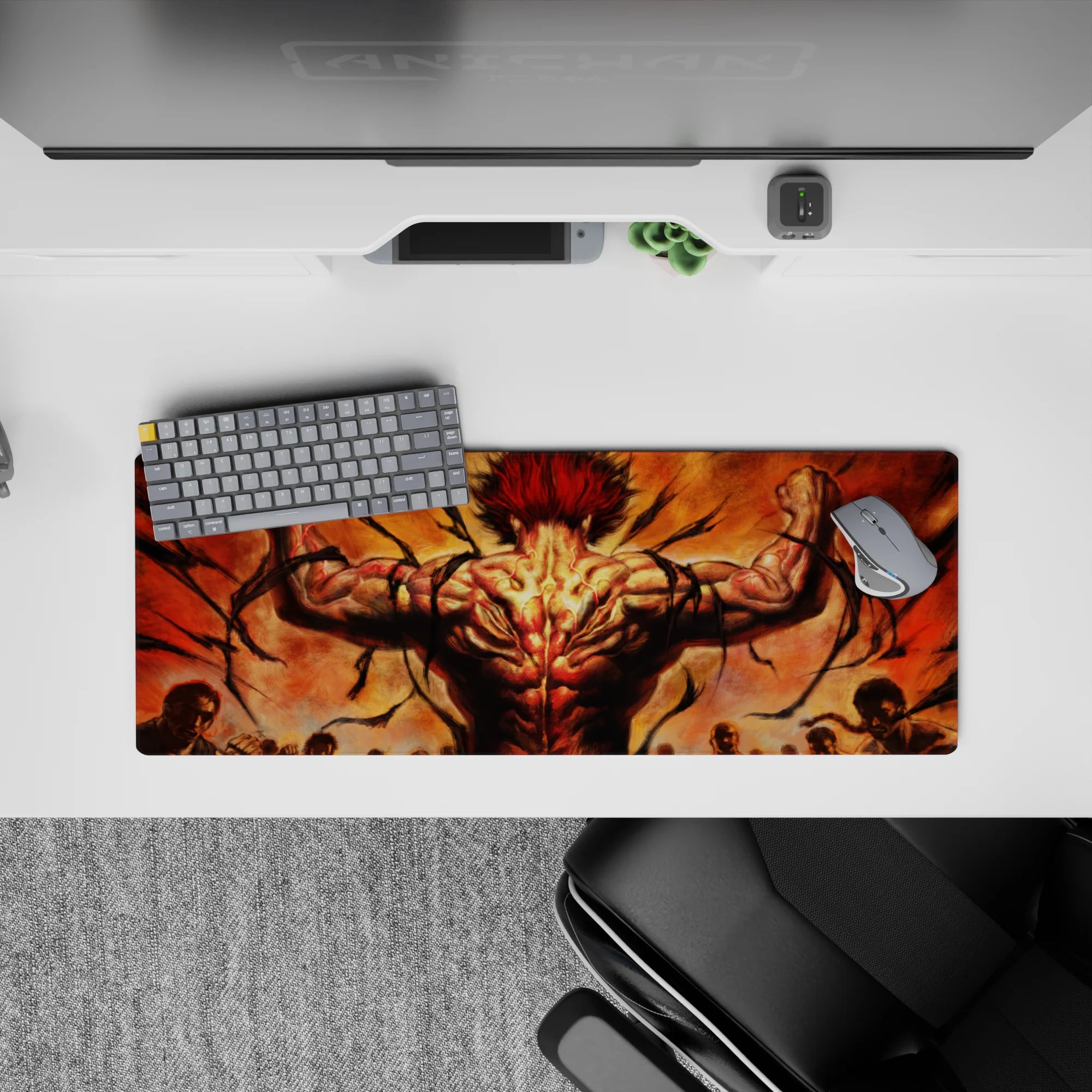 32x12 inches anime mouse pad in smoky orange and black, fiery scarlet muscles and intense battle mood.