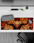 32x12 inches anime mouse pad in smoky orange and black, fiery scarlet muscles and intense battle mood.