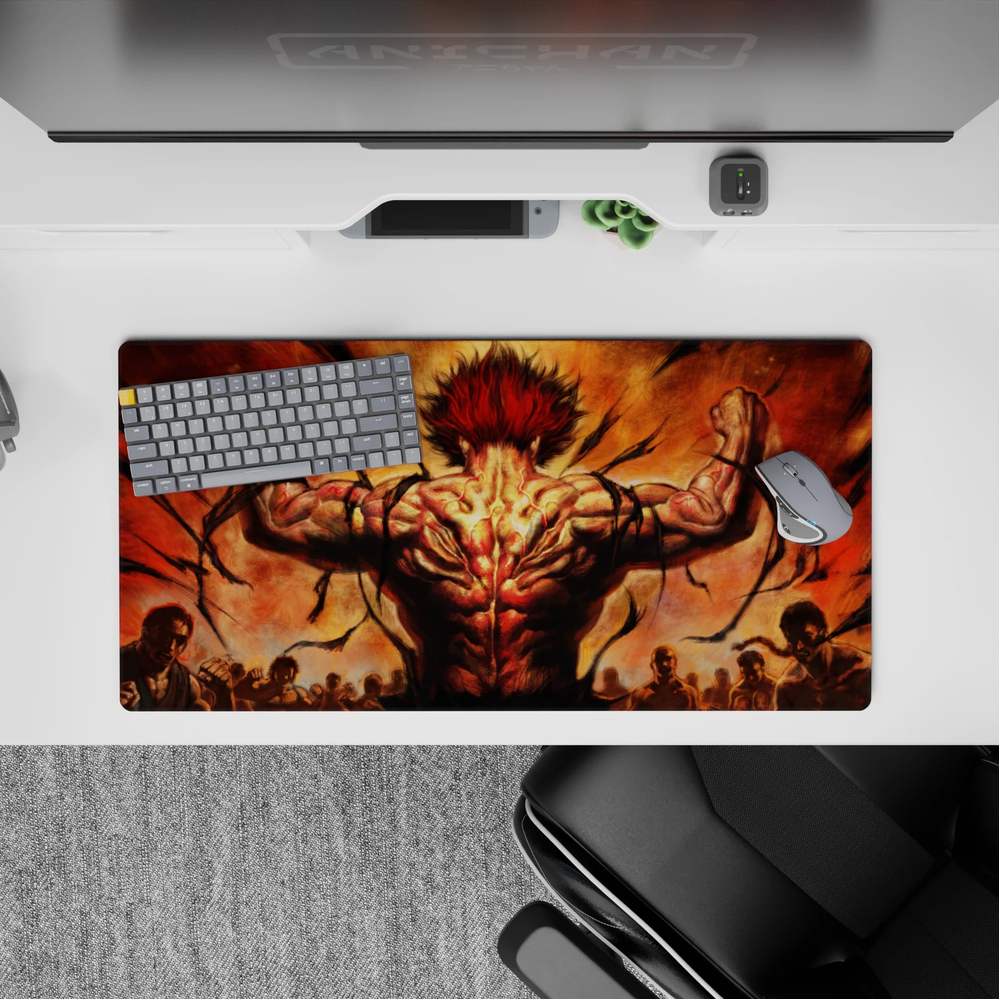 32x16 inches anime mouse pad in fiery orange and black, loud explosive energy, scarlet muscles blazing.