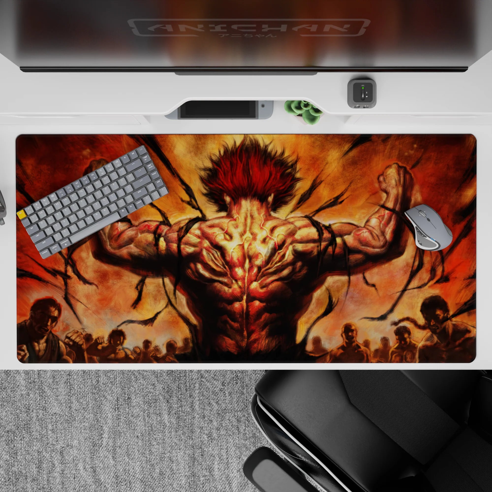 40x20 inches anime desk pad in smoky orange and black, loud high-heat mood with red-haired power vibe.