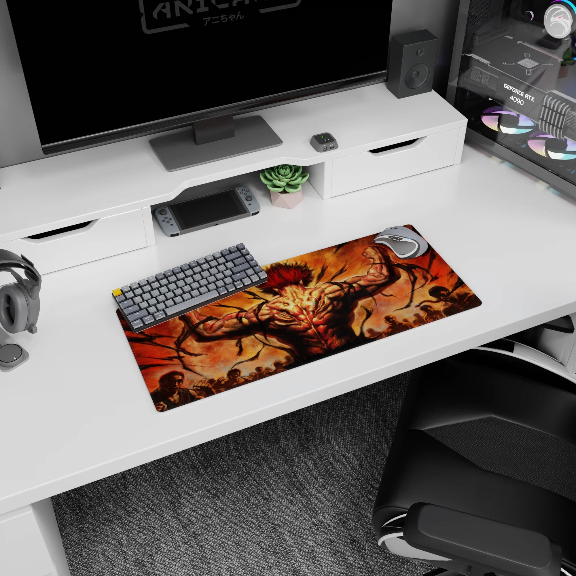 28x12 inches anime mouse pad showing wild red-haired warrior, scarred body, arms spread wide above silhouettes.