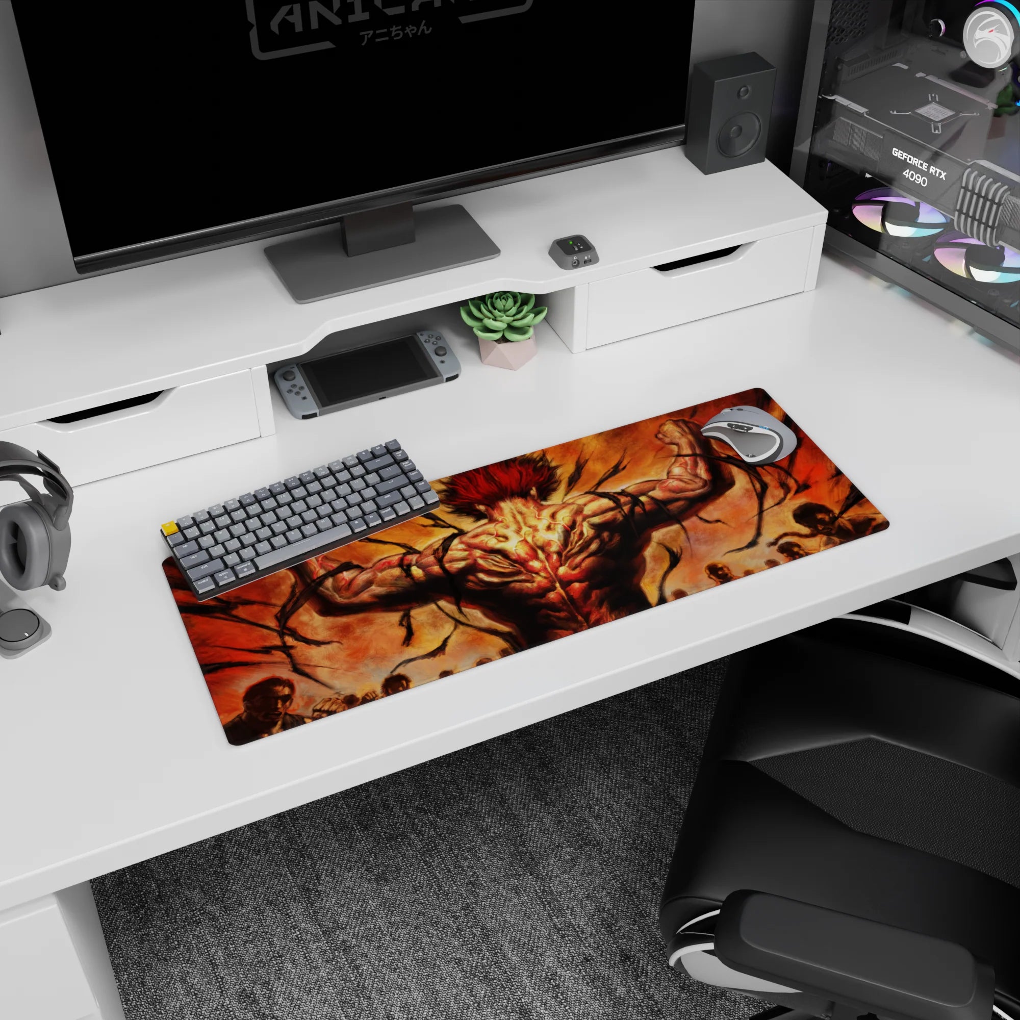 32x12 inches anime mouse pad showing wild red-haired fighter, torn body, veins lit like fire, crowd below.
