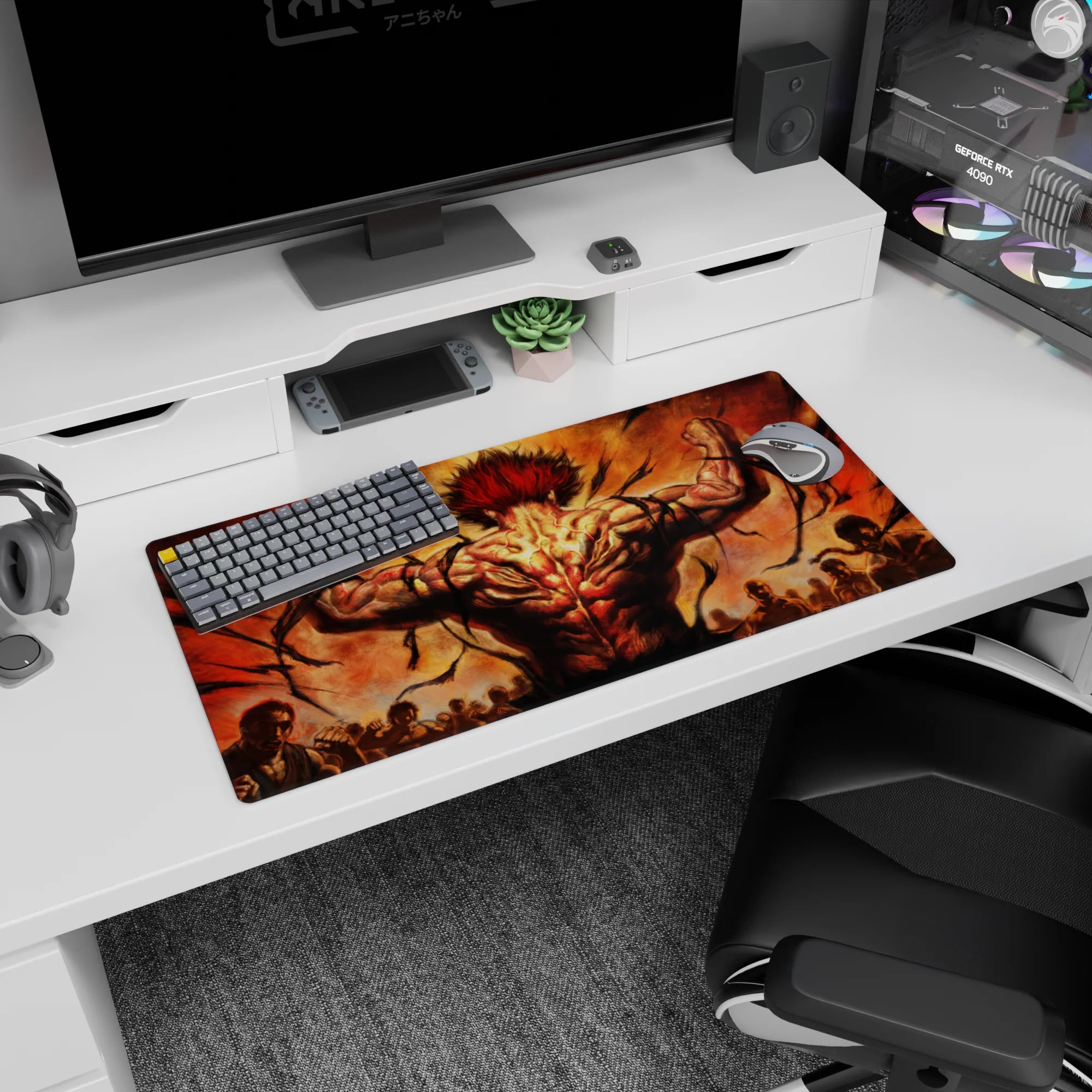 32x16 inches anime mouse pad featuring wild red-haired warrior, torn body, veins lit like fire, back turned.