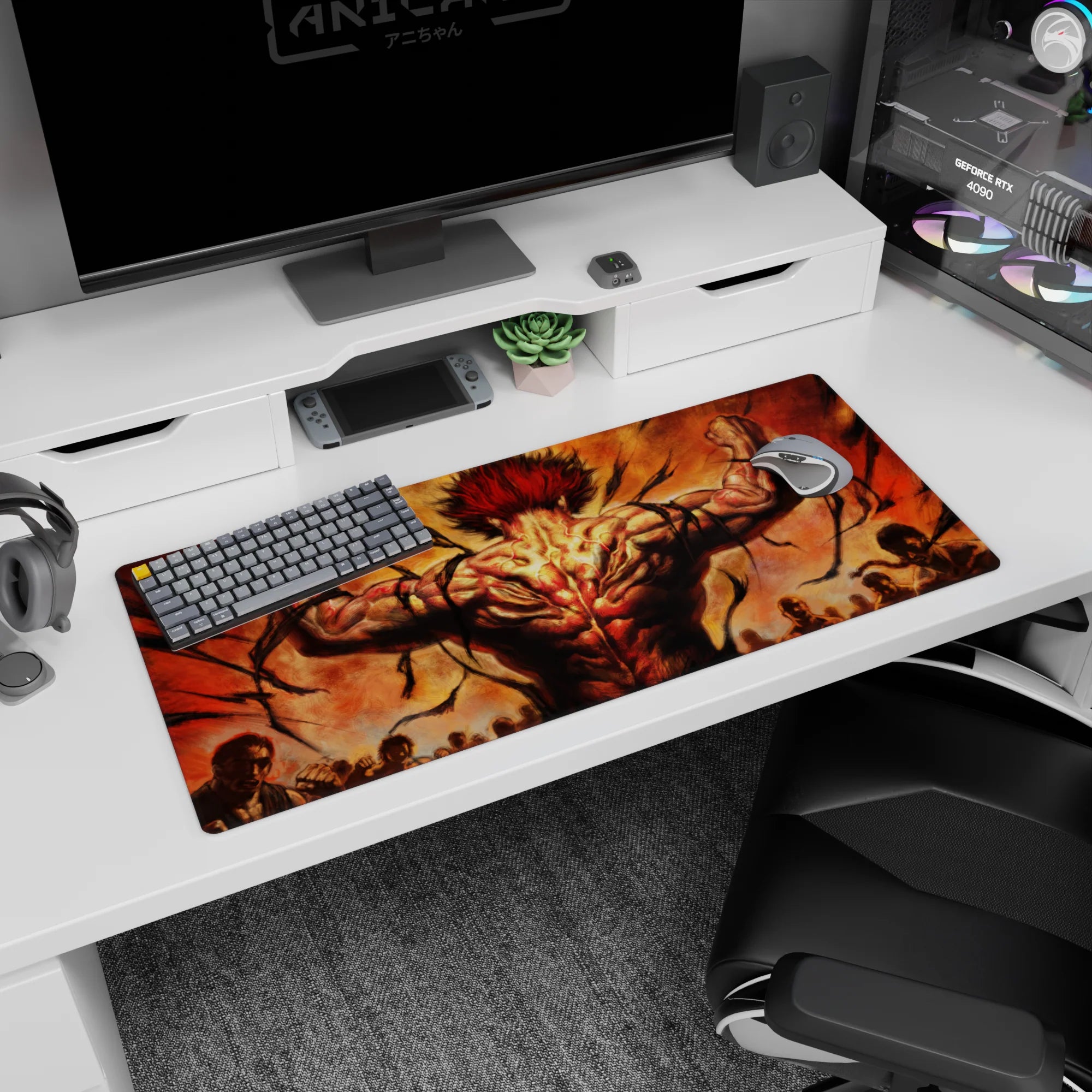 36x16 inches anime desk pad showing a scarred red-haired fighter from behind, arms flexed, crowd below.