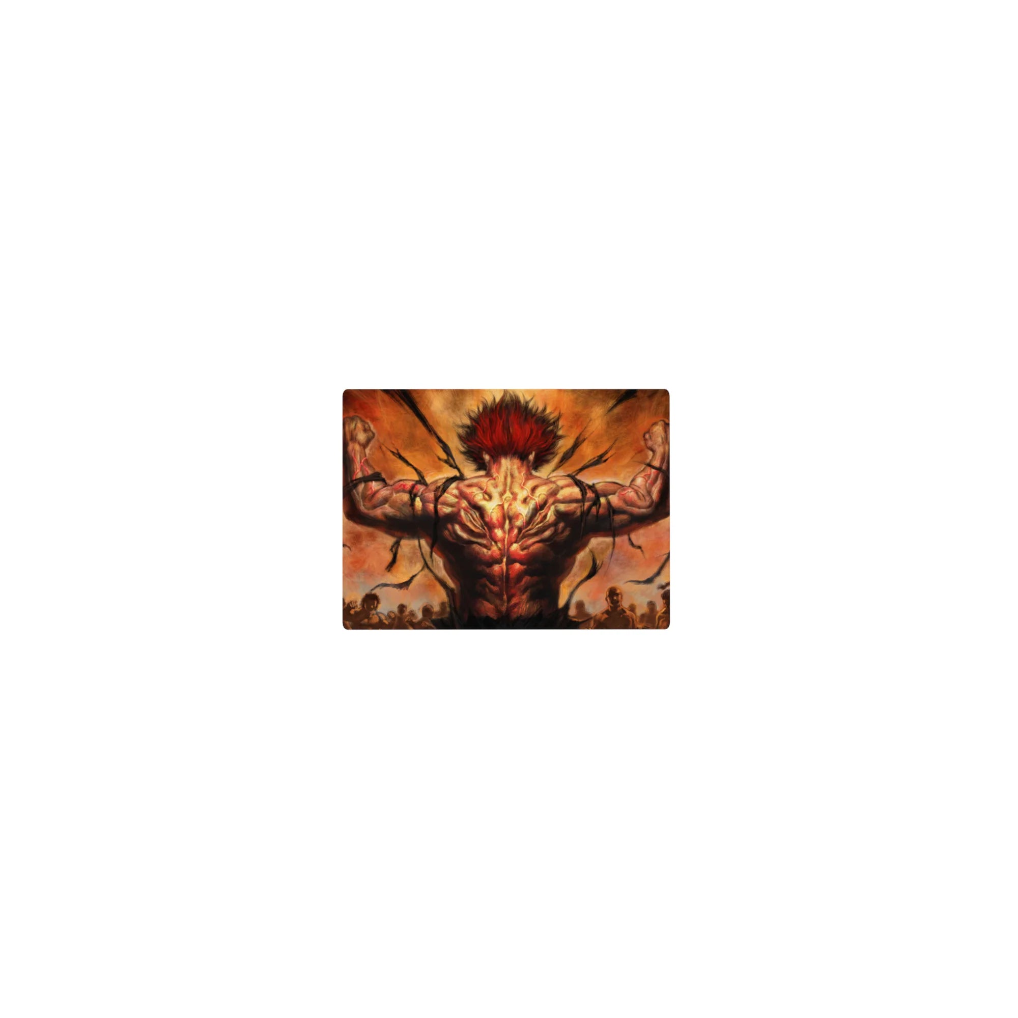 Classic anime mouse pad 14x10 inches with raging fighter back view, flexed arms, arena crowd silhouettes.