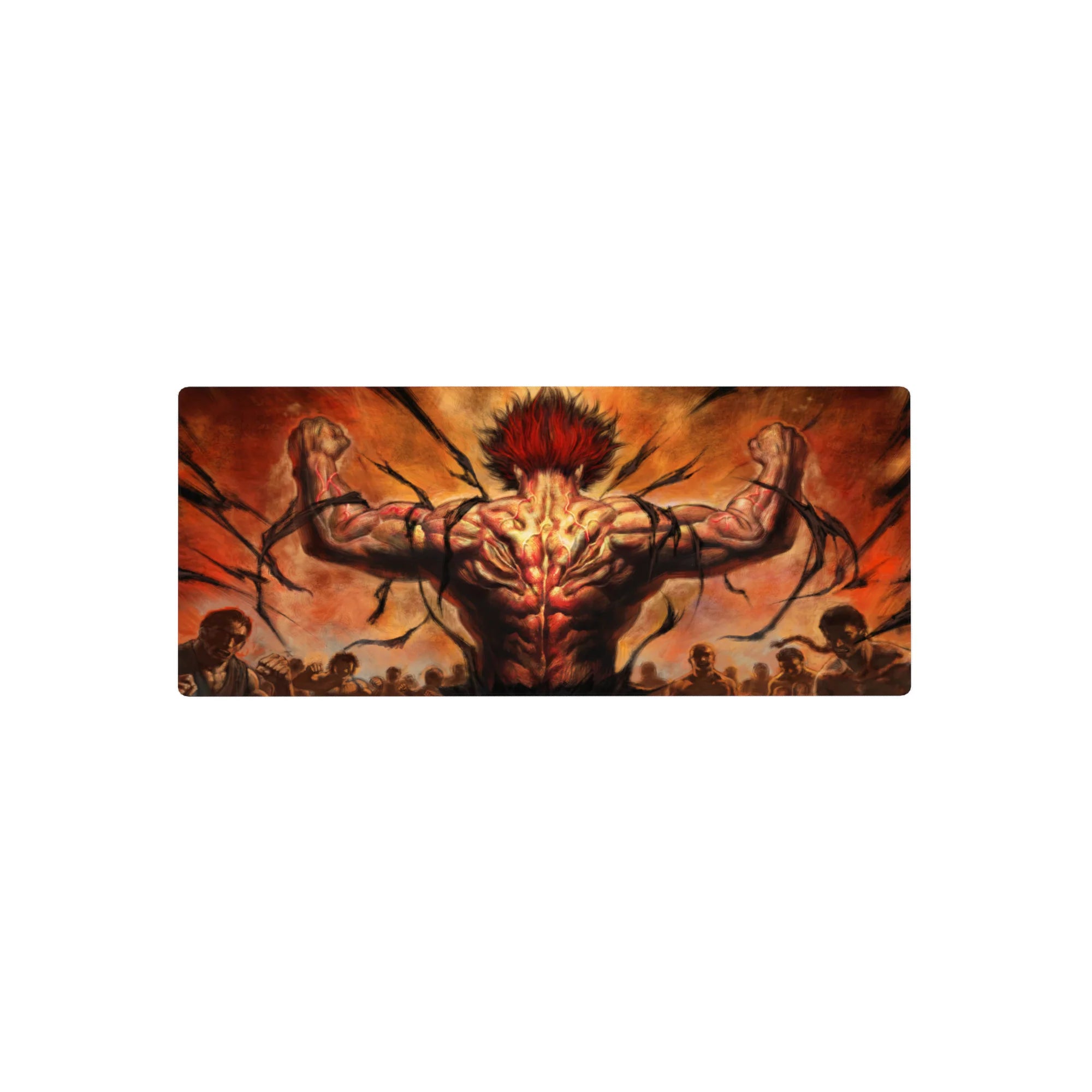 28x12 inches anime mouse pad with raging fighter back view, flexed arms, fiery arena scene and crowd.