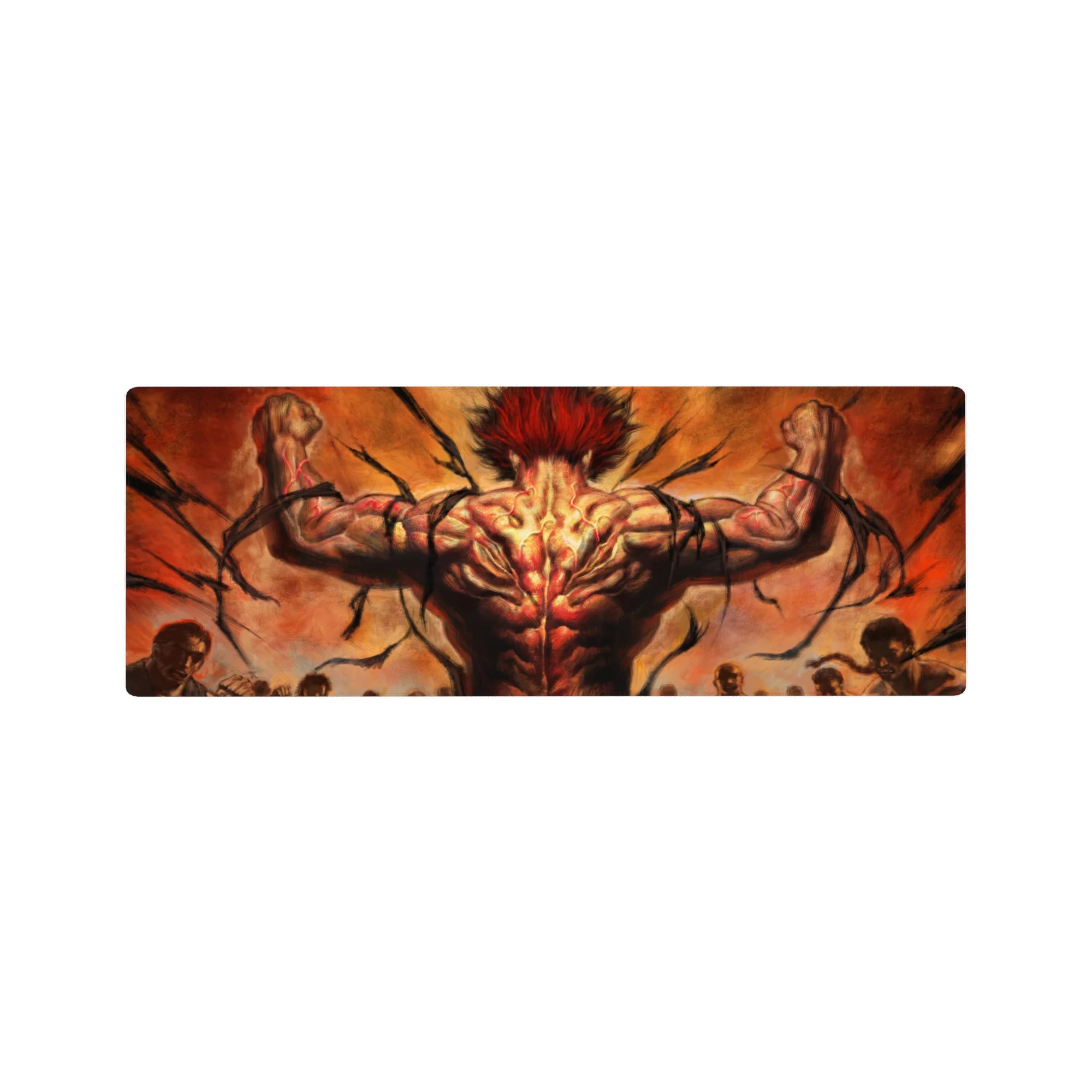 32x12 inches anime mouse pad with raging fighter back view, flexed arms, arena silhouettes, cracked sky.