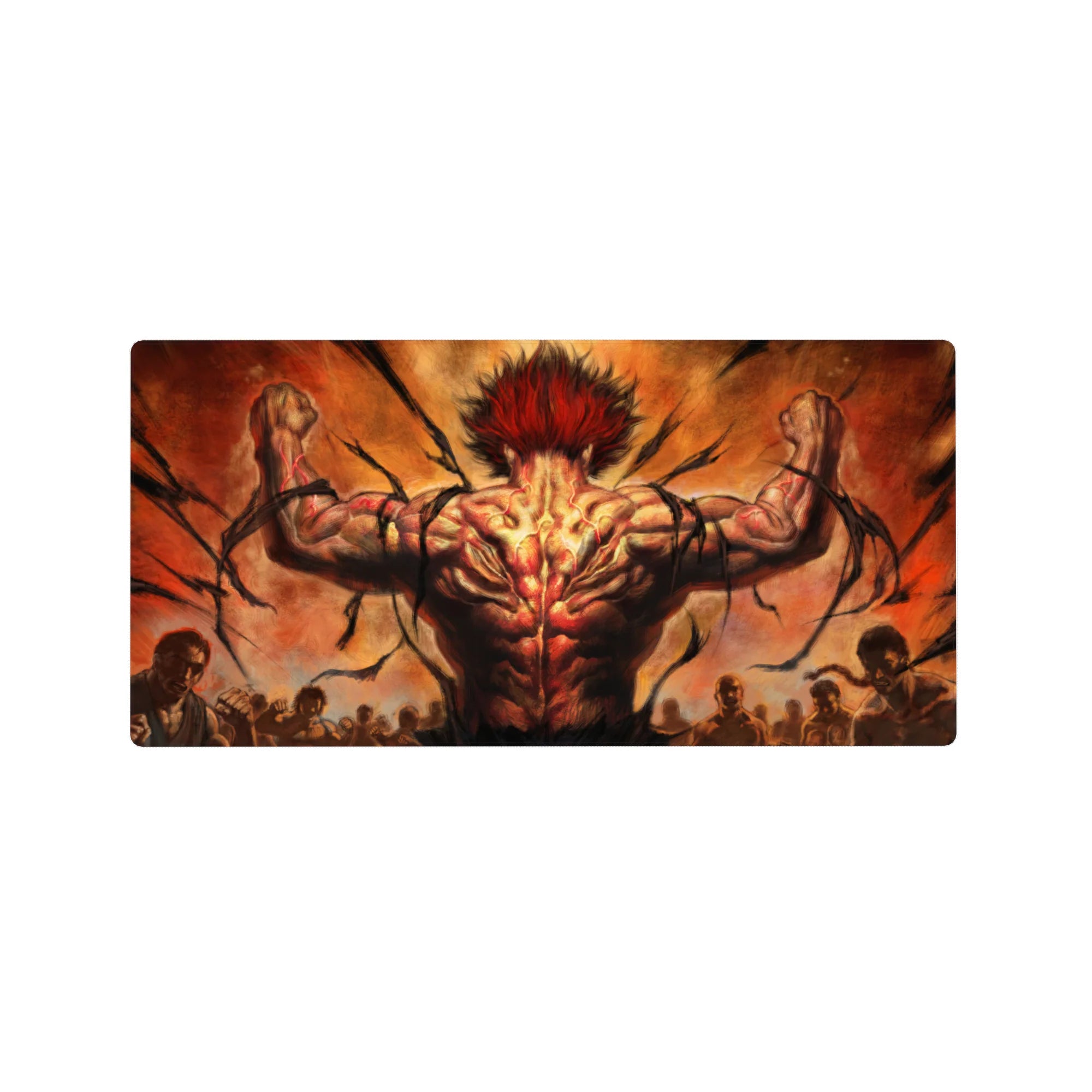 32x16 inches anime mouse pad with raging fighter back view, flexed arms, arena silhouettes, cracked sky.