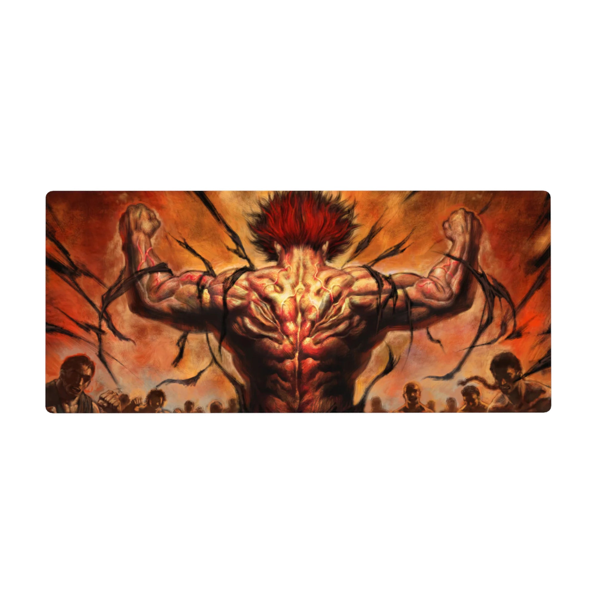36x16 inches anime desk pad with raging fighter, wild red hair, arena silhouettes, and crackling backdrop.
