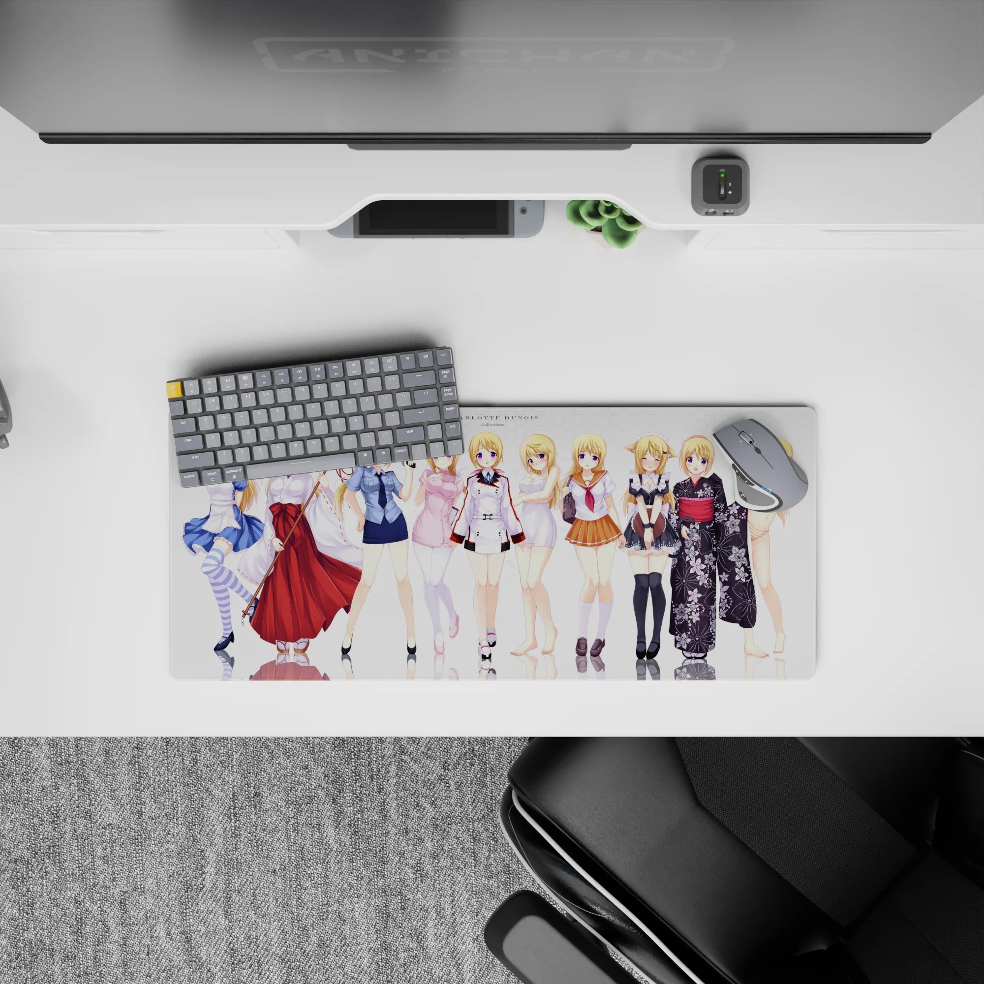 Blonde anime girl with violet eyes on white backdrop, glossy floor shine, cute vibe mouse pad 28x12 inches.