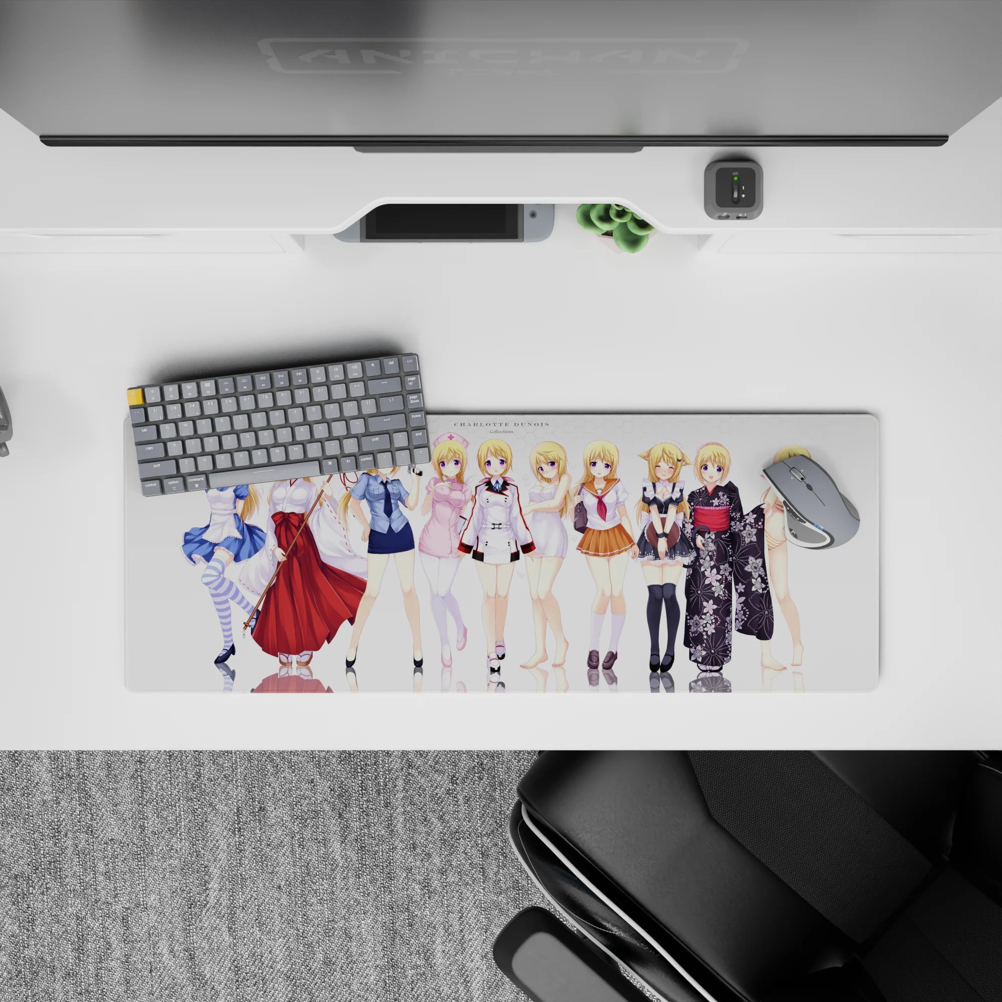 32x12 inches kawaii mouse pad with blonde hair, violet eyes, pastel uniforms, and a dreamy glossy shine.