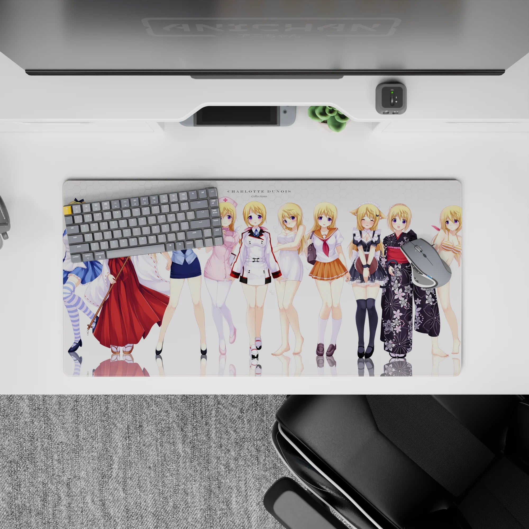 Soft blonde, violet-eyed anime mouse pad with pastel maid, nurse, and shrine reds, 32x16 inches.