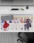 Soft blonde, violet-eyed anime mouse pad with pastel maid, nurse, and shrine reds, 32x16 inches.