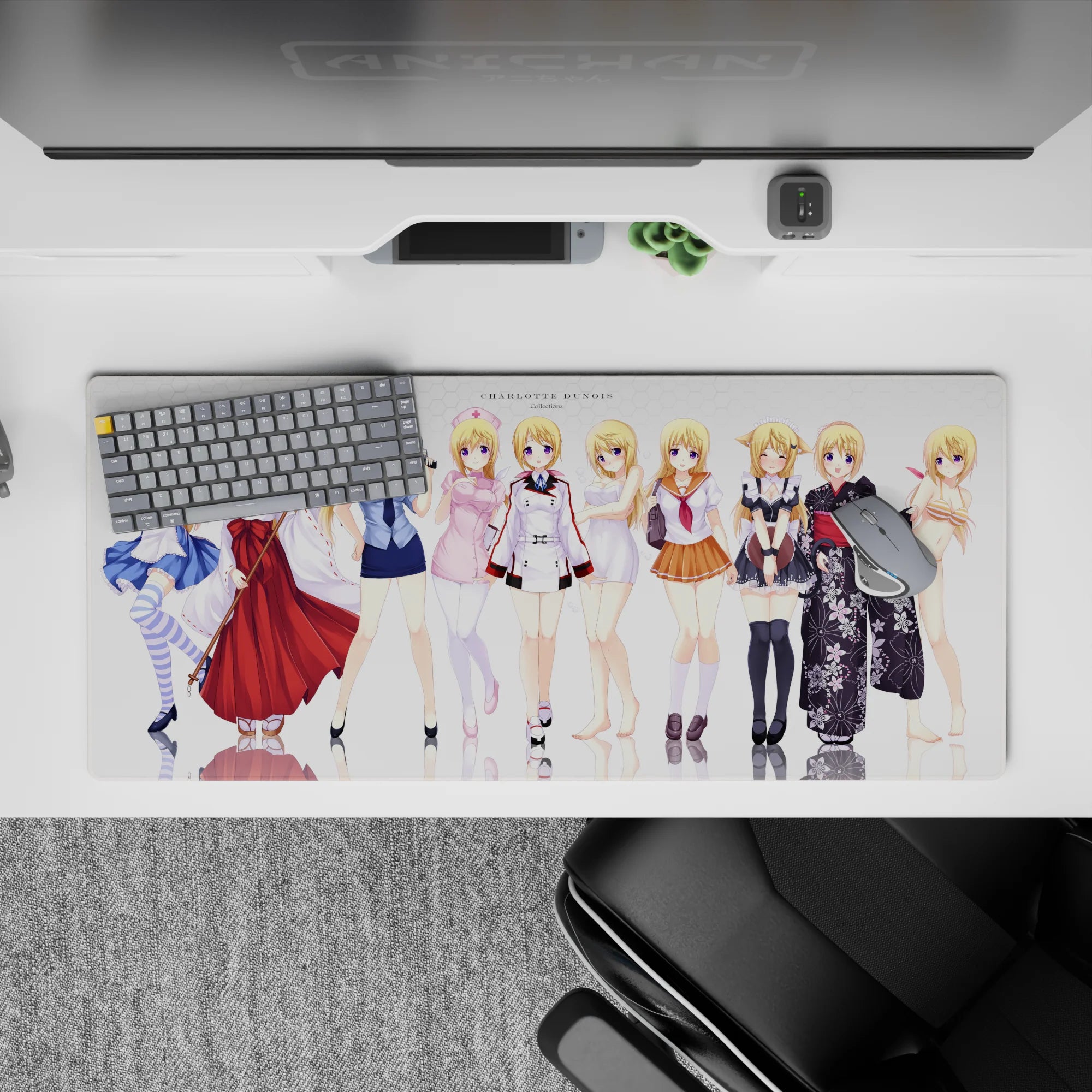36x16 inches anime desk pad with soft blonde, violet accents, clean white backdrop, glossy floor, cute shy vibe.