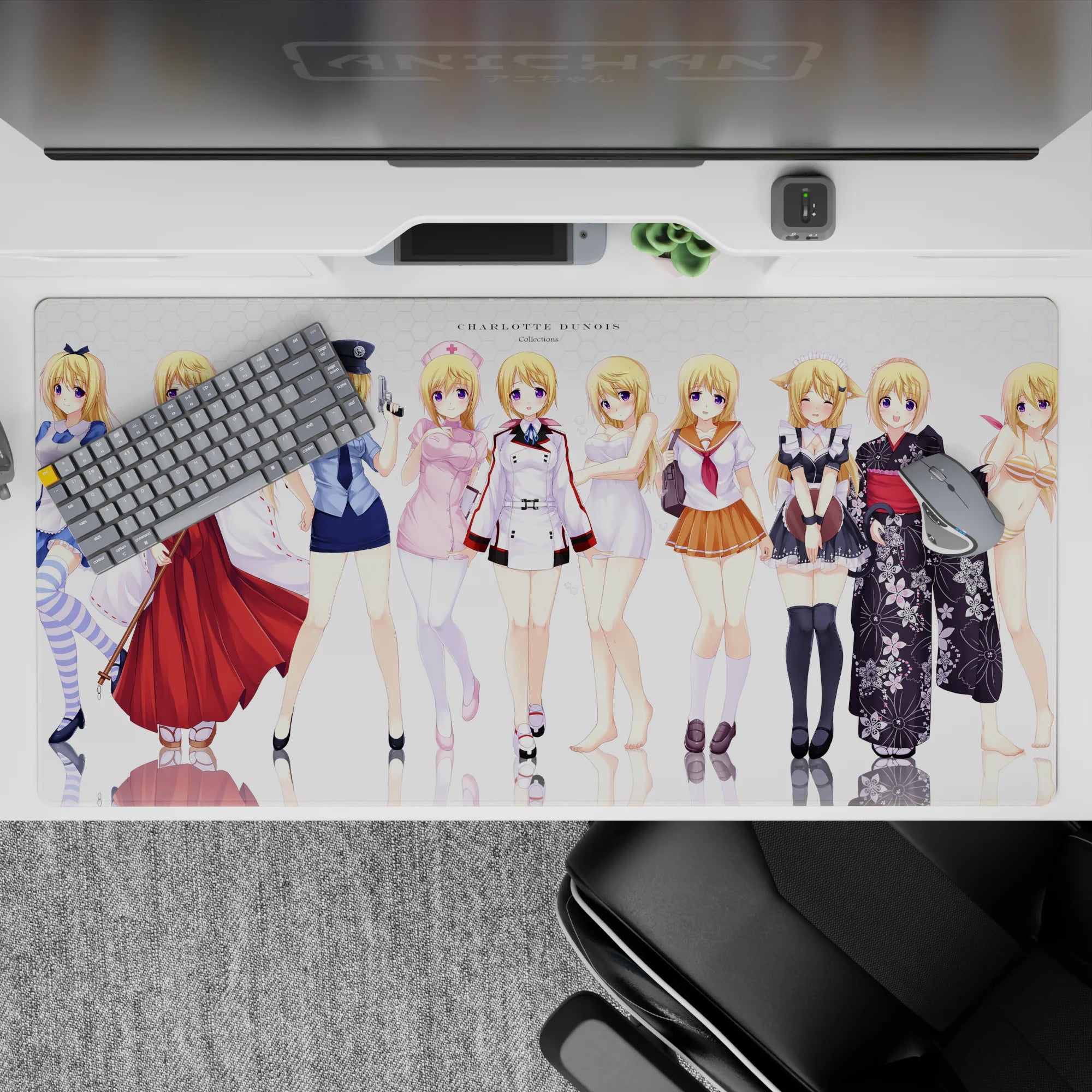 Soft blonde hair, violet eyes, bright outfits on white backdrop, dreamy cute desk pad 40x20 inches.