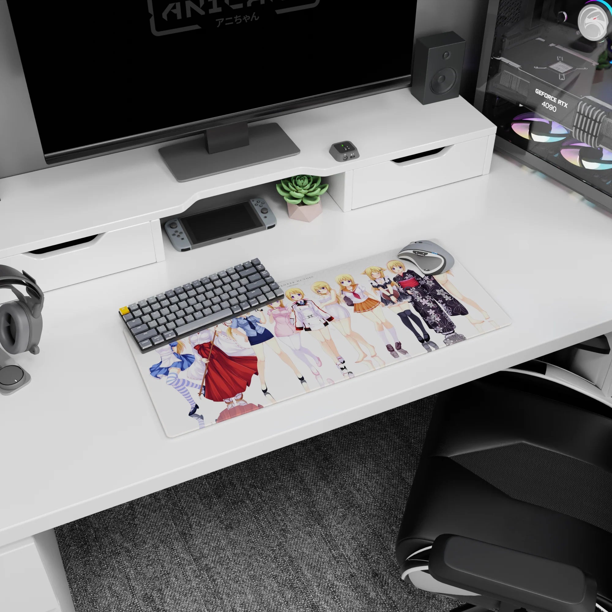 Charlotte Dunois in multiple cosplay uniforms, mirrored-floor scene anime desk mouse pad 28x12 inches.