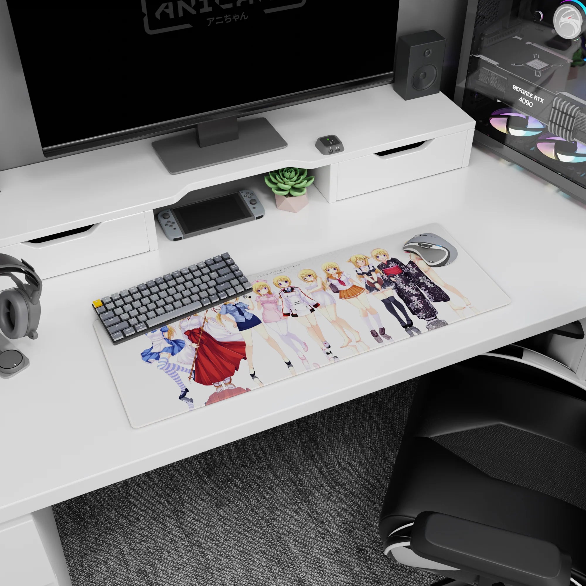 32x12 inches Charlotte Dunois anime mouse pad with mirrored floor shine, maid, shrine maiden, and yukata looks.